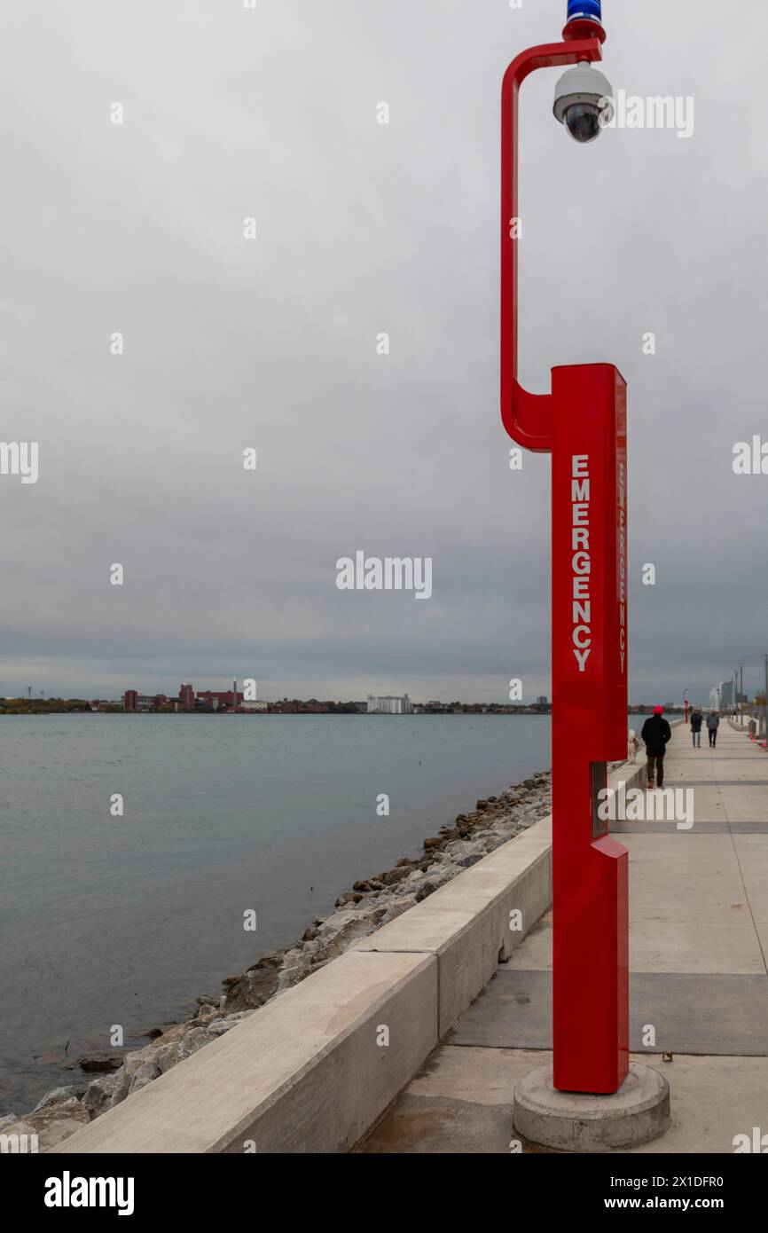 Detroit, Michigan - An emergency call box on the Detroit Riverwalk, on the site of the old Uniroyal tire plant. Stock Photo