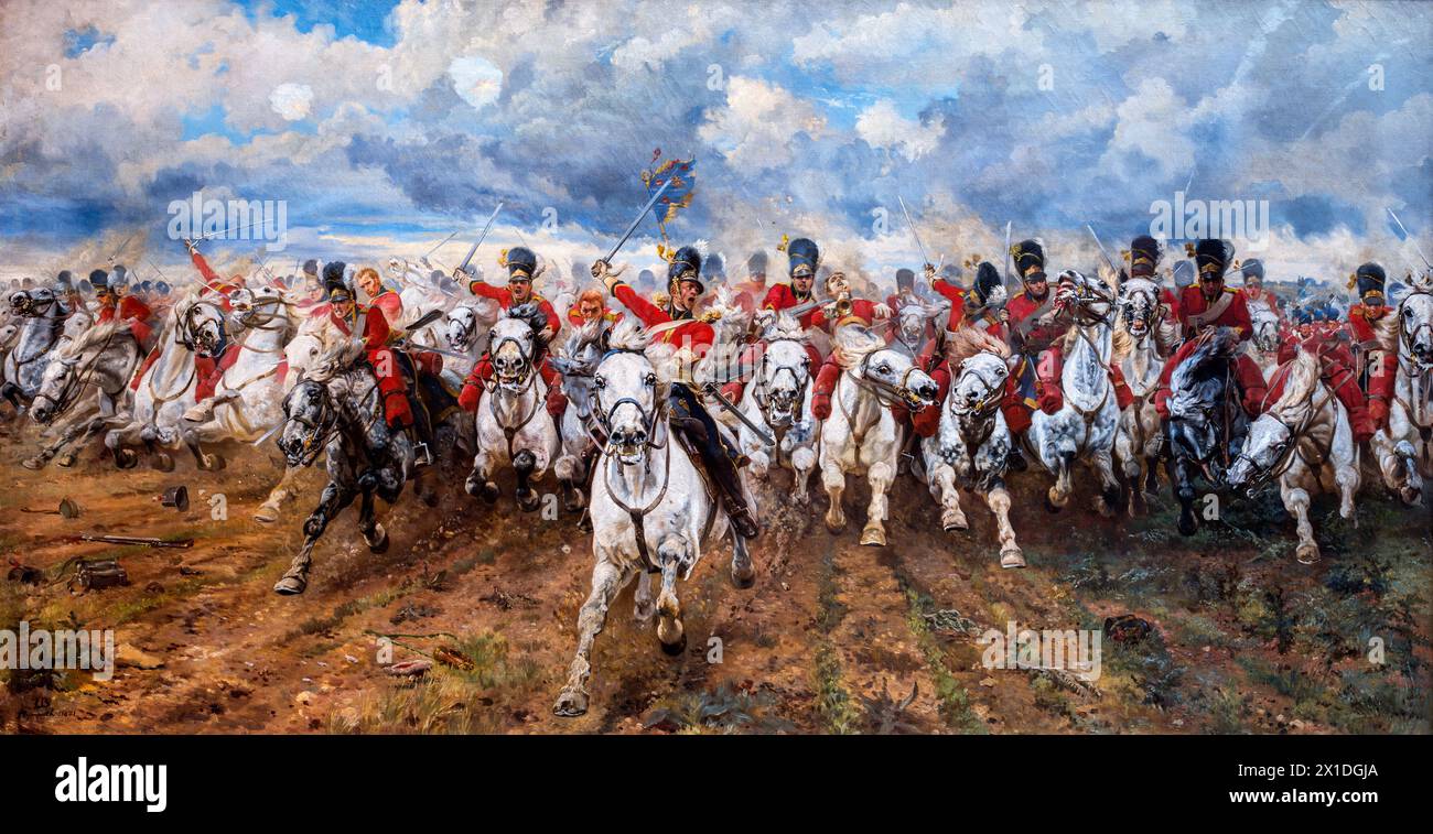 Lady Elizabeth Butler. Painting entitled 'Scotland Forever' by Elizabeth Southerden Thompson (1846-1933), oil on canvas, 1881. The image depicts the Scots Greys advancing at the Battle of Waterloo. Stock Photo