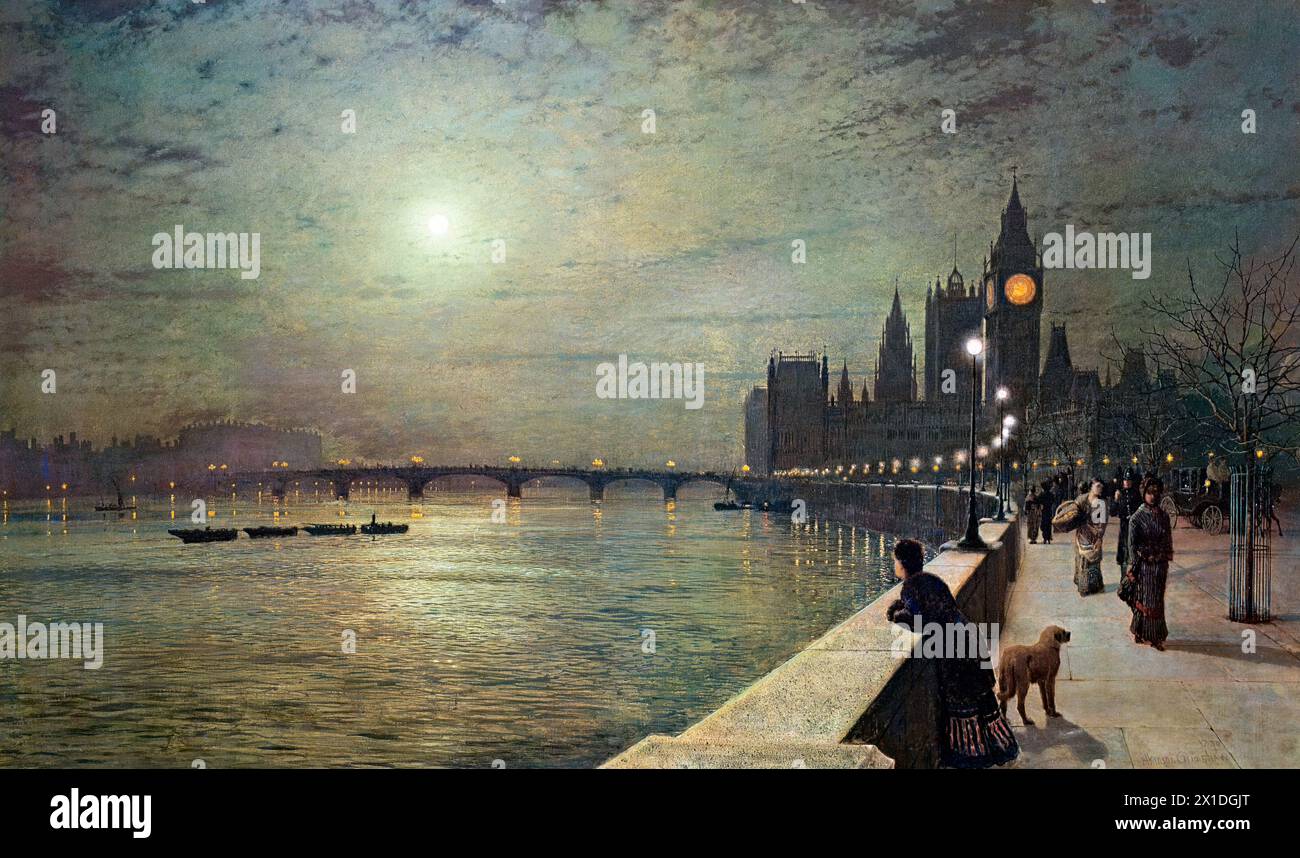 Painting entitled 'Reflections on the Thames, Westminster' by John Atkinson Grimshaw (1836-1893), oil on canvas, 1880 Stock Photo
