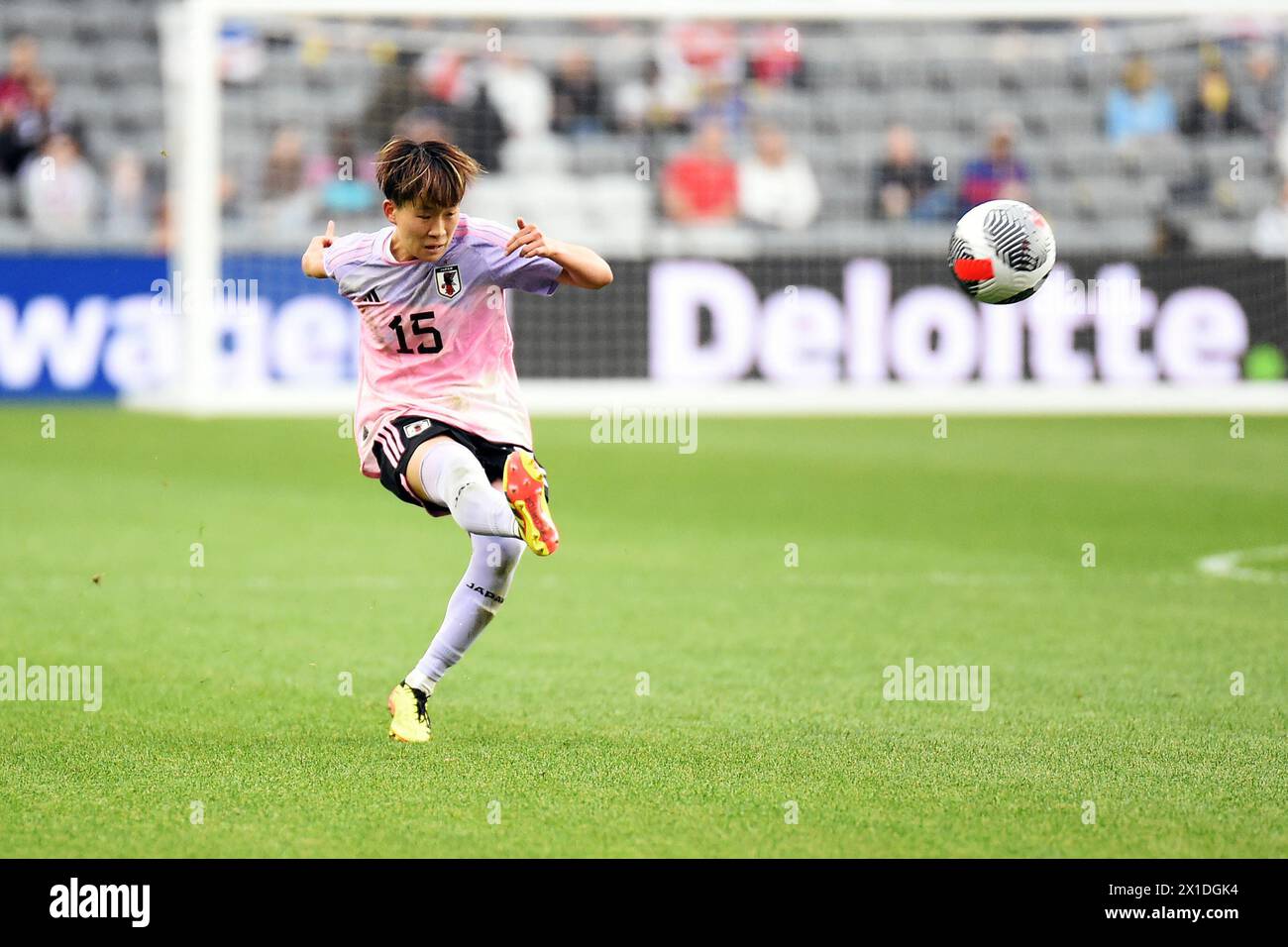 Columbus, Ohio United States. 9th April, 2024. Japan forward Aoba Fujino (15) sends the ball down the pitch against Brazil in their match in Columbus, Ohio, USA. Credit: Brent Clark/Alamy Live News Stock Photo