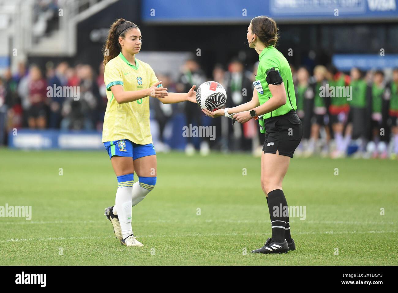 Columbus, Ohio United States. 9th April, 2024. USA referee gives the ball to Brazil midfielder Angelina (8) during penalty kicks against Japan in their match in Columbus, Ohio, USA. Credit: Brent Clark/Alamy Live News Stock Photo