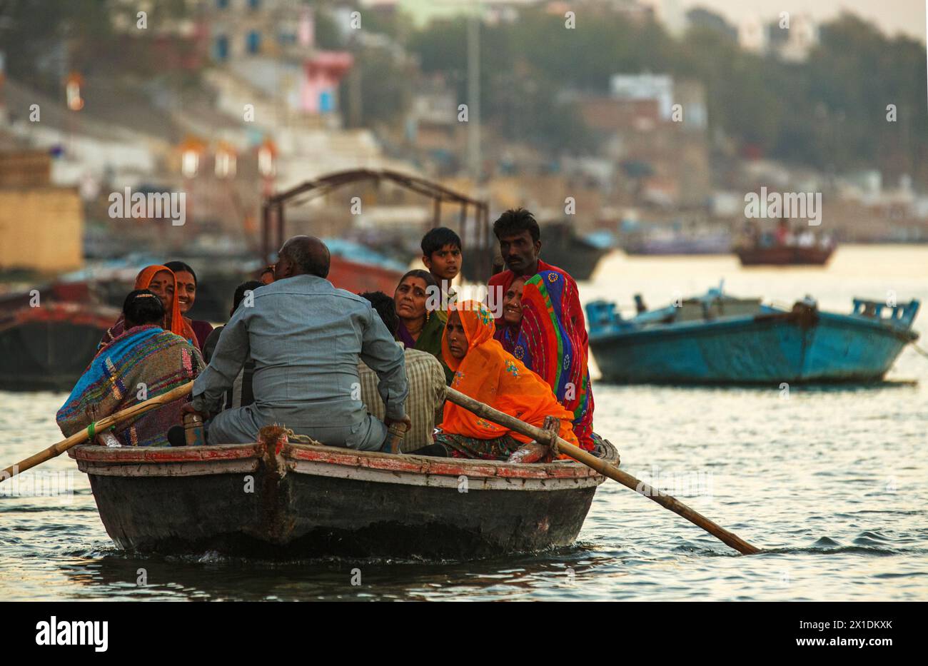 Pilgrims viewing Varanasi, India from a boat ride on the Ganges River