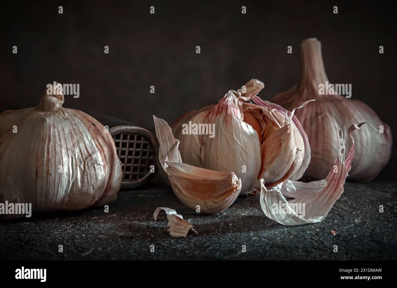 Garlic bulbs ( Allium sativum ) with garlic press on stone base with dark background Stock Photo