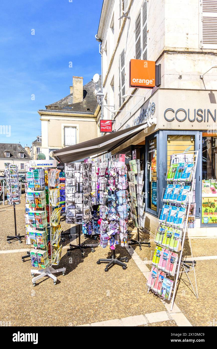 Postcards and maps on outdoor display racks -  Le Blanc, Indre (36), France. Stock Photo