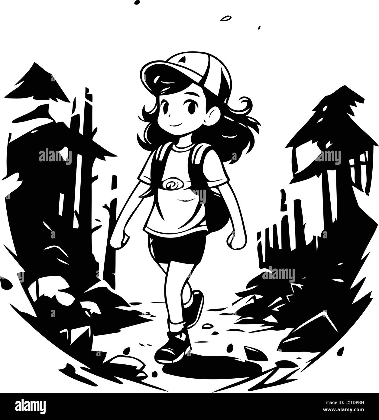 Girl hiker in the forest. Vector illustration in cartoon style. Stock Vector