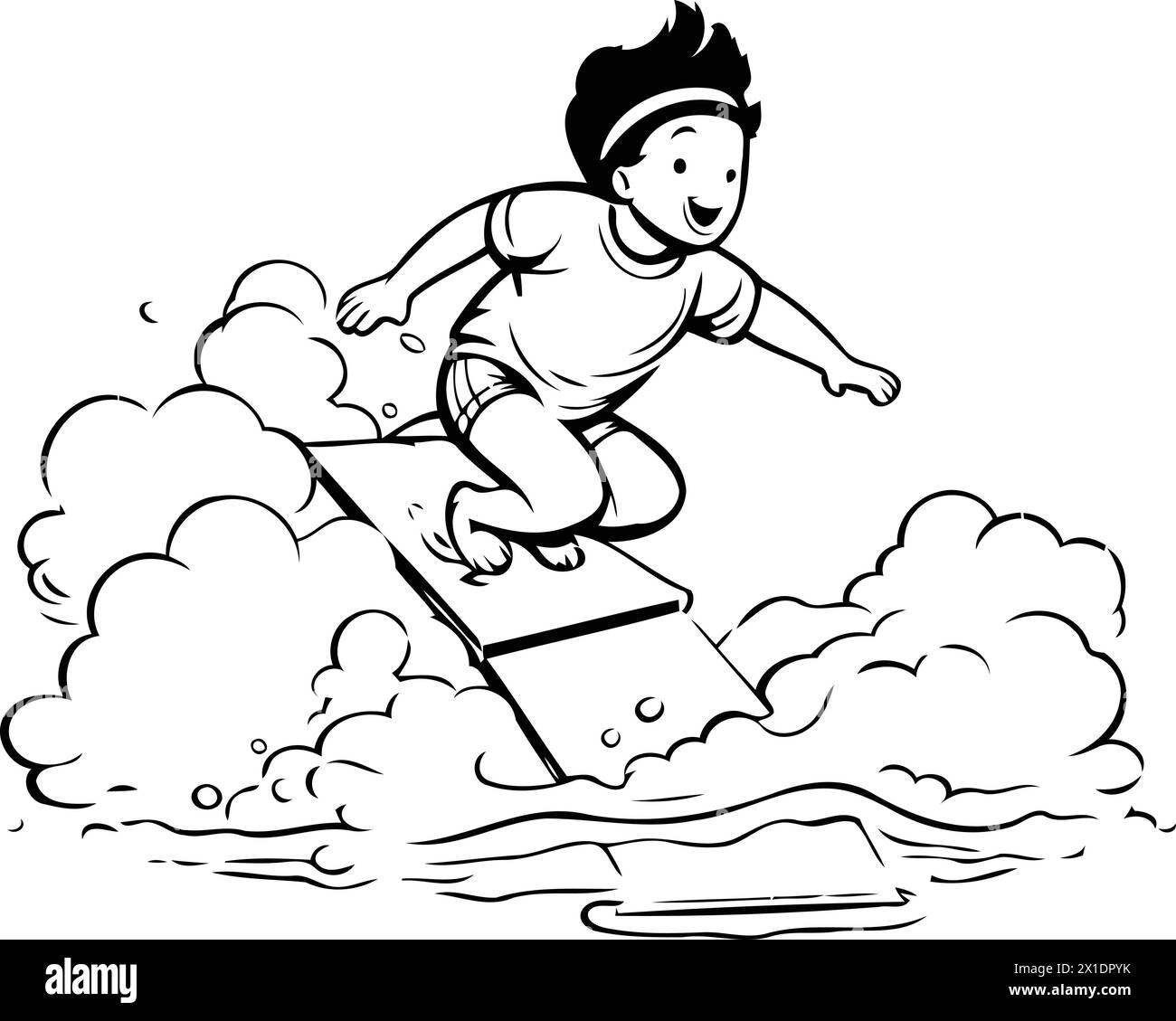 Boy surfing on a wave. Vector illustration in a cartoon style. Stock Vector