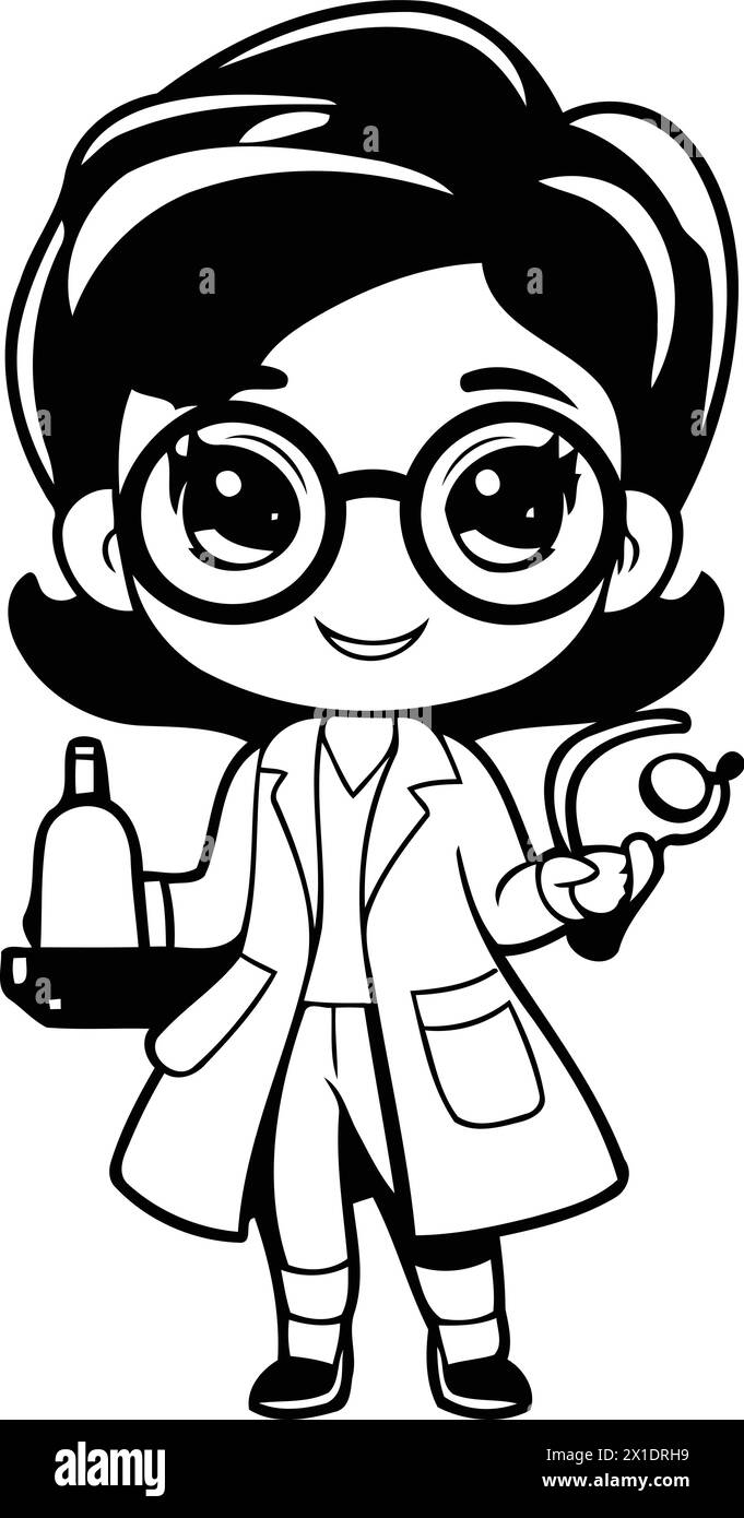 Scientist girl with microscope and stethoscope. Vector illustration. Stock Vector