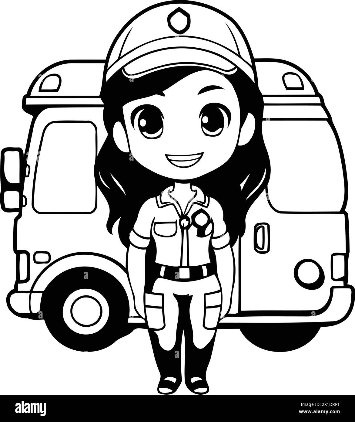 Cute little police girl in uniform standing near ambulance car. Cartoon