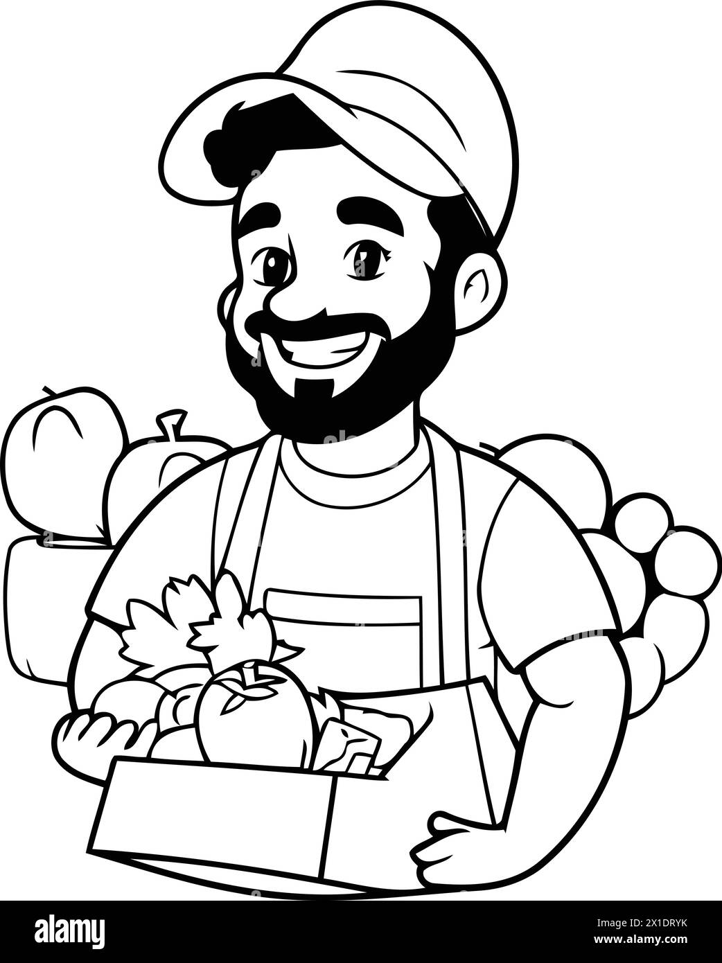 Vector illustration of a smiling farmer holding a box of fresh vegetables. Stock Vector