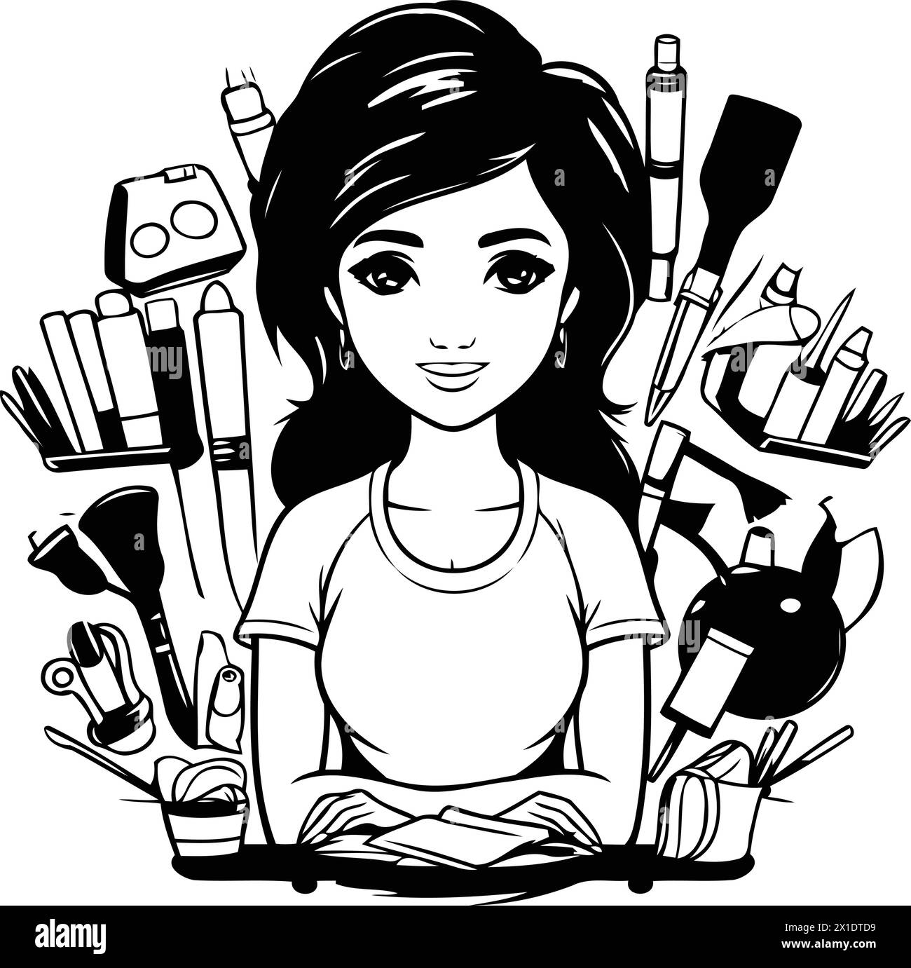 Vector illustration of a beautiful young woman sitting at the table with a laptop. Stock Vector