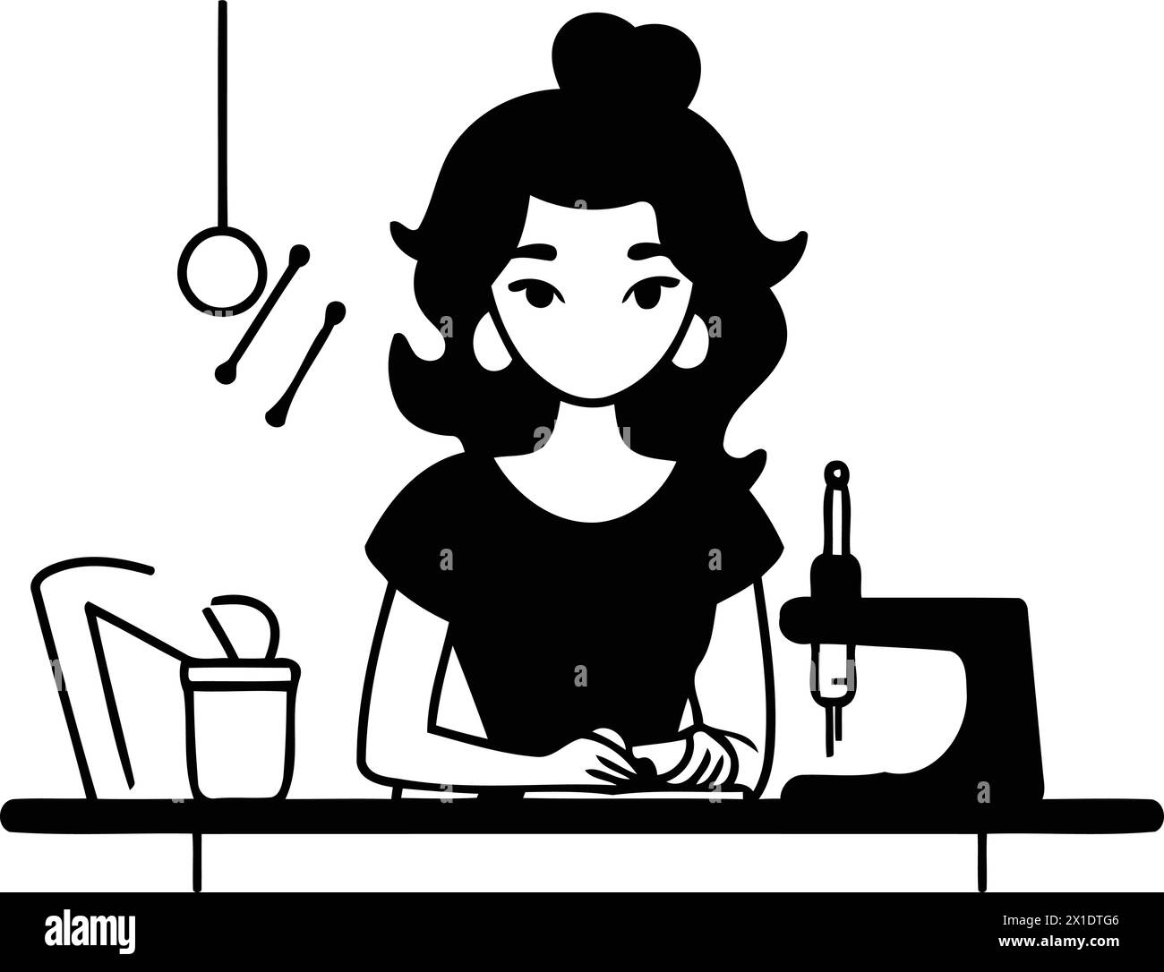 Vector illustration of a seamstress working at the sewing machine. Flat