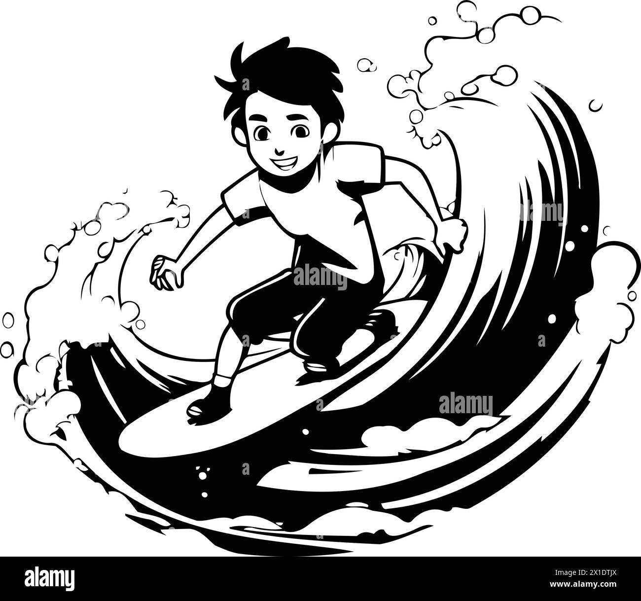 Surfer boy surfing in the waves. Vector illustration isolated on white background. Stock Vector