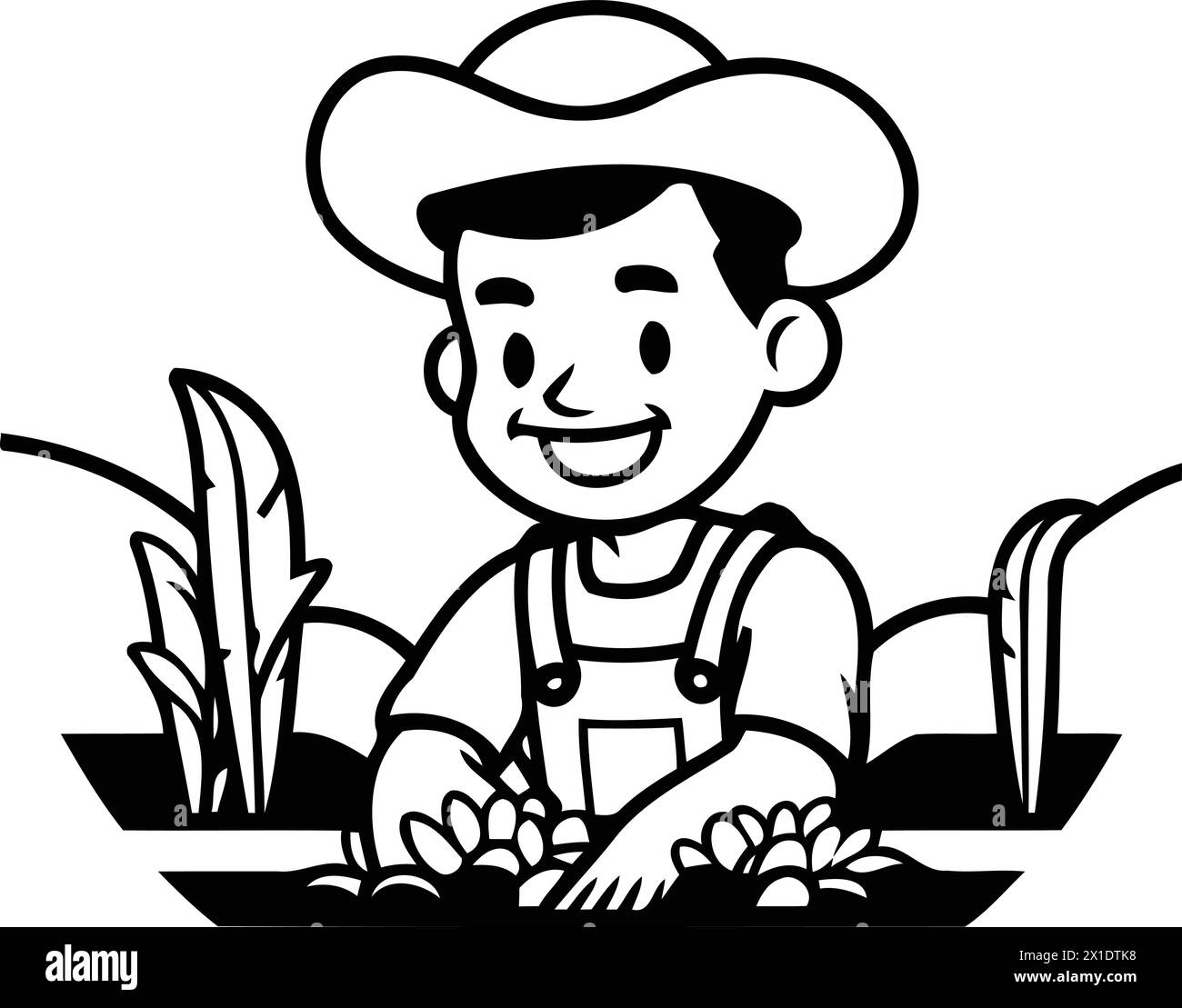 Vector illustration of happy farmer in hat harvesting carrots in the field. Stock Vector