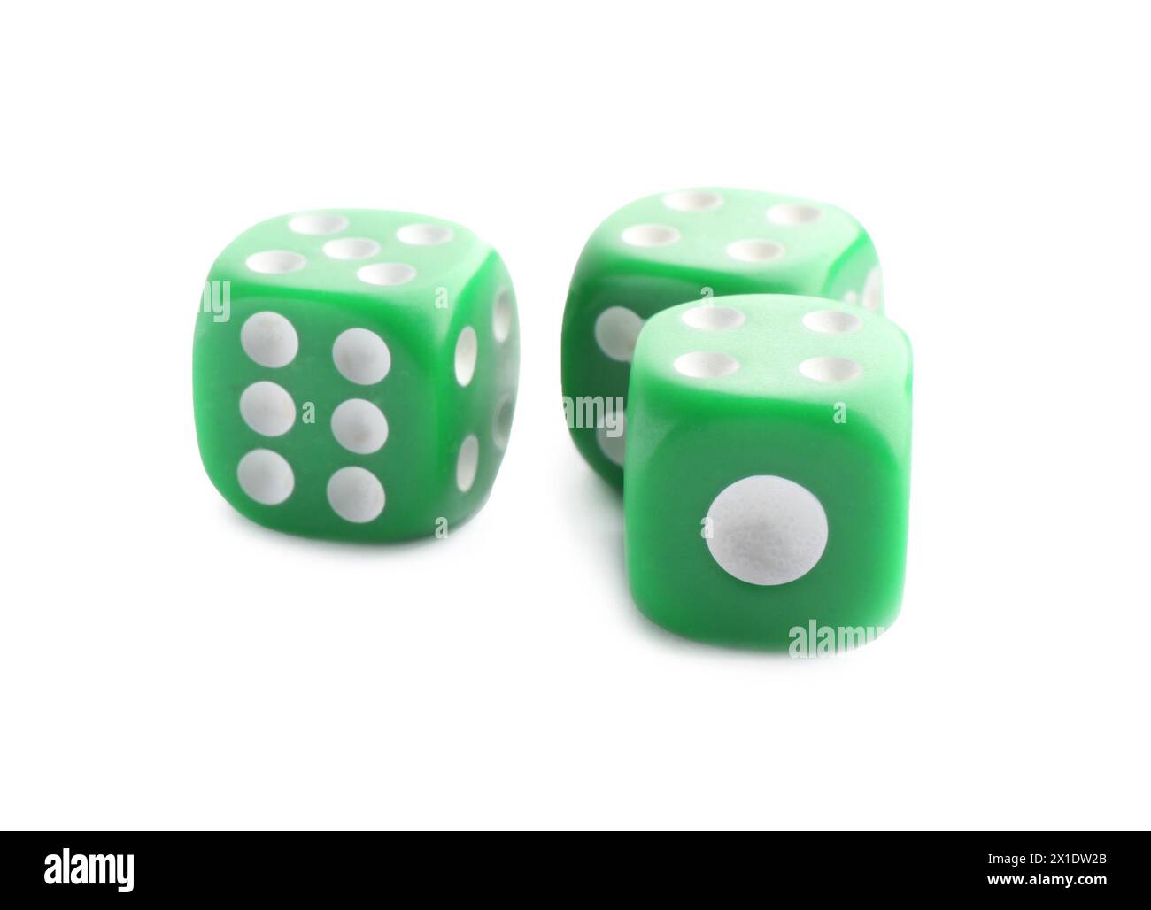 Three green game dices isolated on white Stock Photo