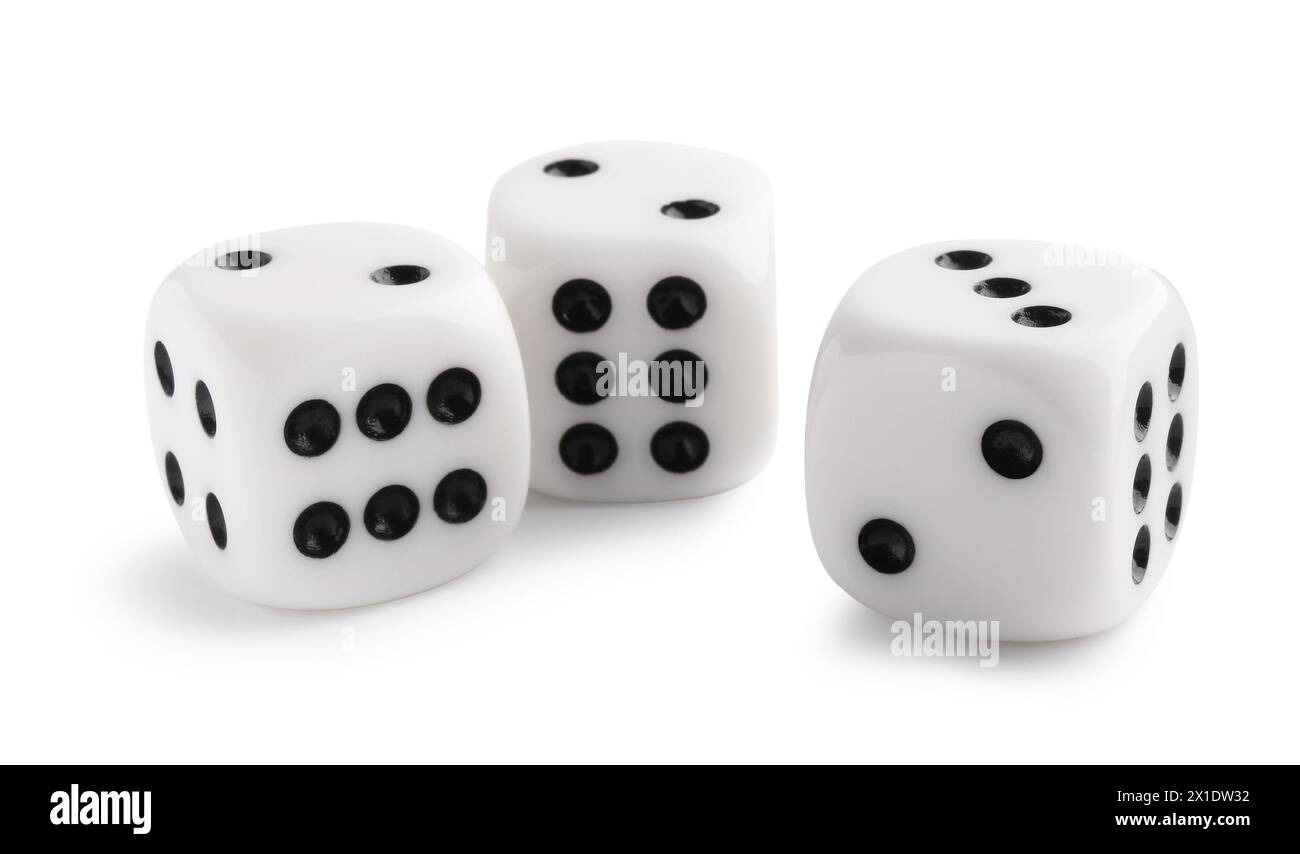 Three dices isolated on white. Game cubes Stock Photo