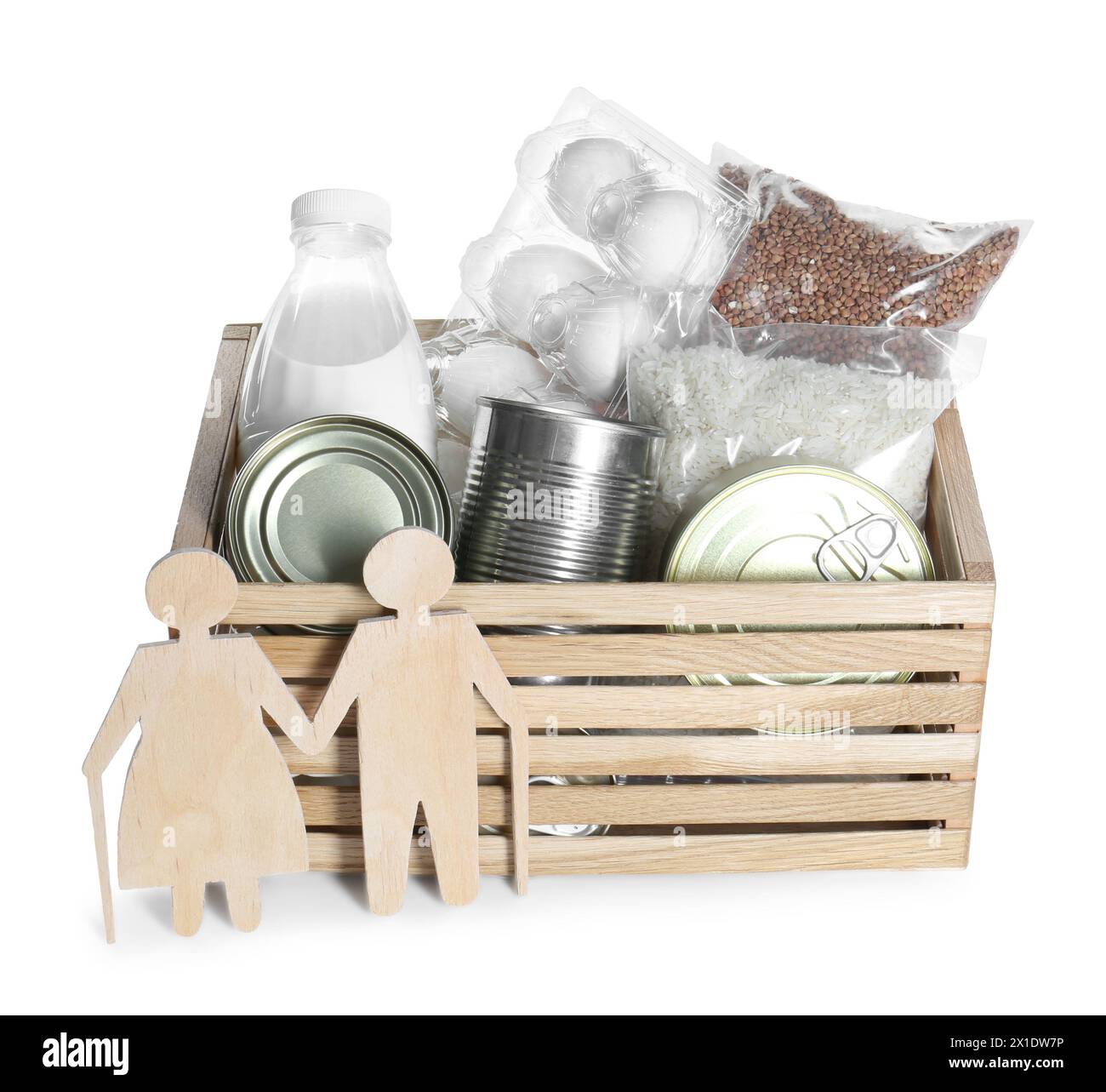 Humanitarian aid for elderly people. Donation box with food products