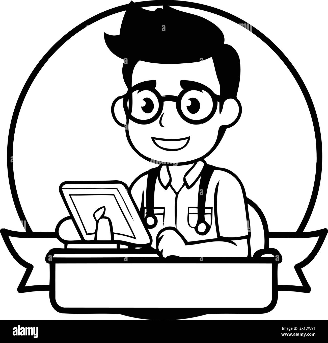 Vector illustration of young man doctor with tablet computer. Flat style design. Stock Vector