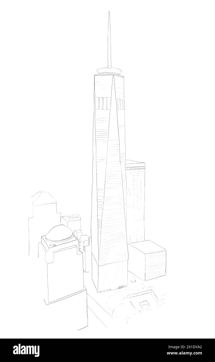 Architectural pencil drawing sketch of One World Trade Center Freedom Tower skyscraper building in New York, USA Stock Photo