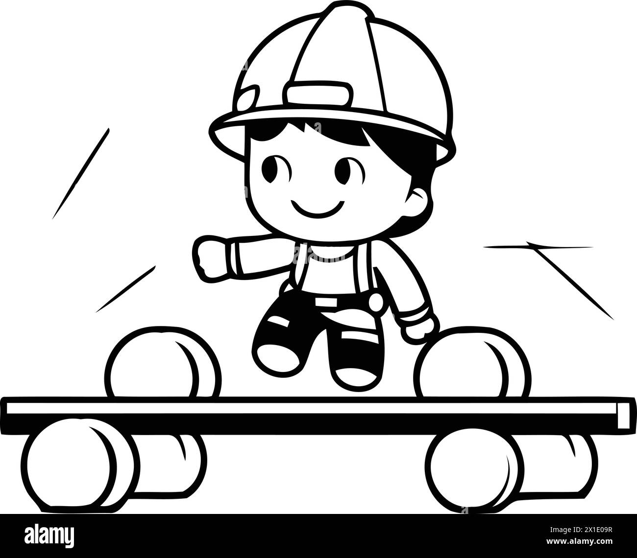 Cartoon boy in hard hat riding a skateboard. Vector illustration. Stock Vector