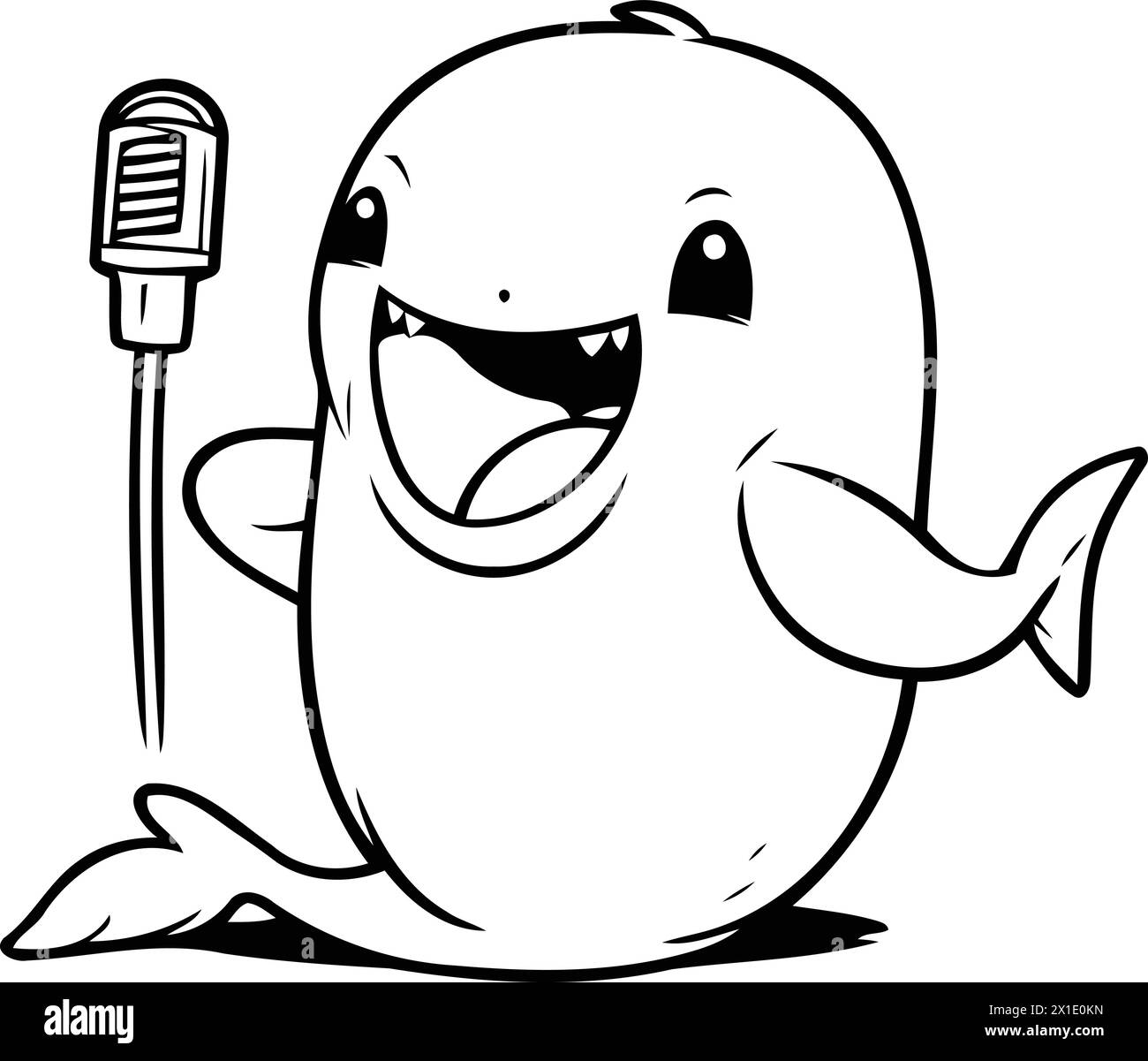Cute white whale with microphone in cartoon style. Vector illustration. Stock Vector
