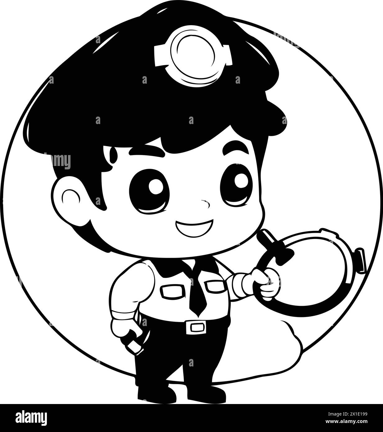 Cute police boy with magnifying glass and city background. Vector illustration. Stock Vector