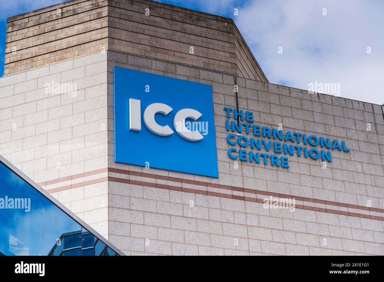 Birmingham, UK 16th April 2024:  External signage of the ICC, International Convention Centre on Broad Street, Birmingham UK Stock Photo