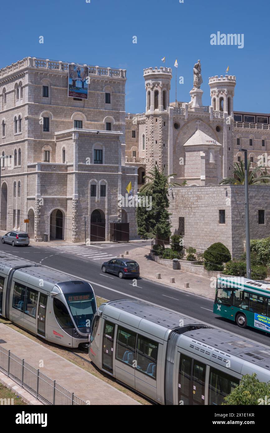 Noder Dem Notre Dam Church and tram in Jerusalem, Israel Stock Photo - Alamy
