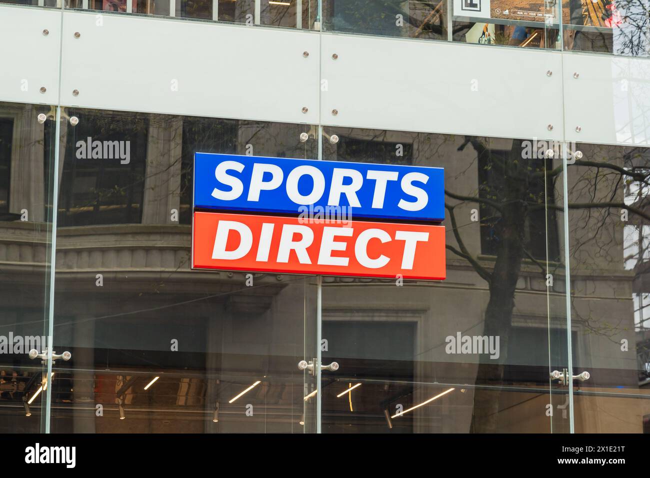 Birmingham, UK 16th April 2024: External signage of sports clothing company, Sports Direct Stock Photo