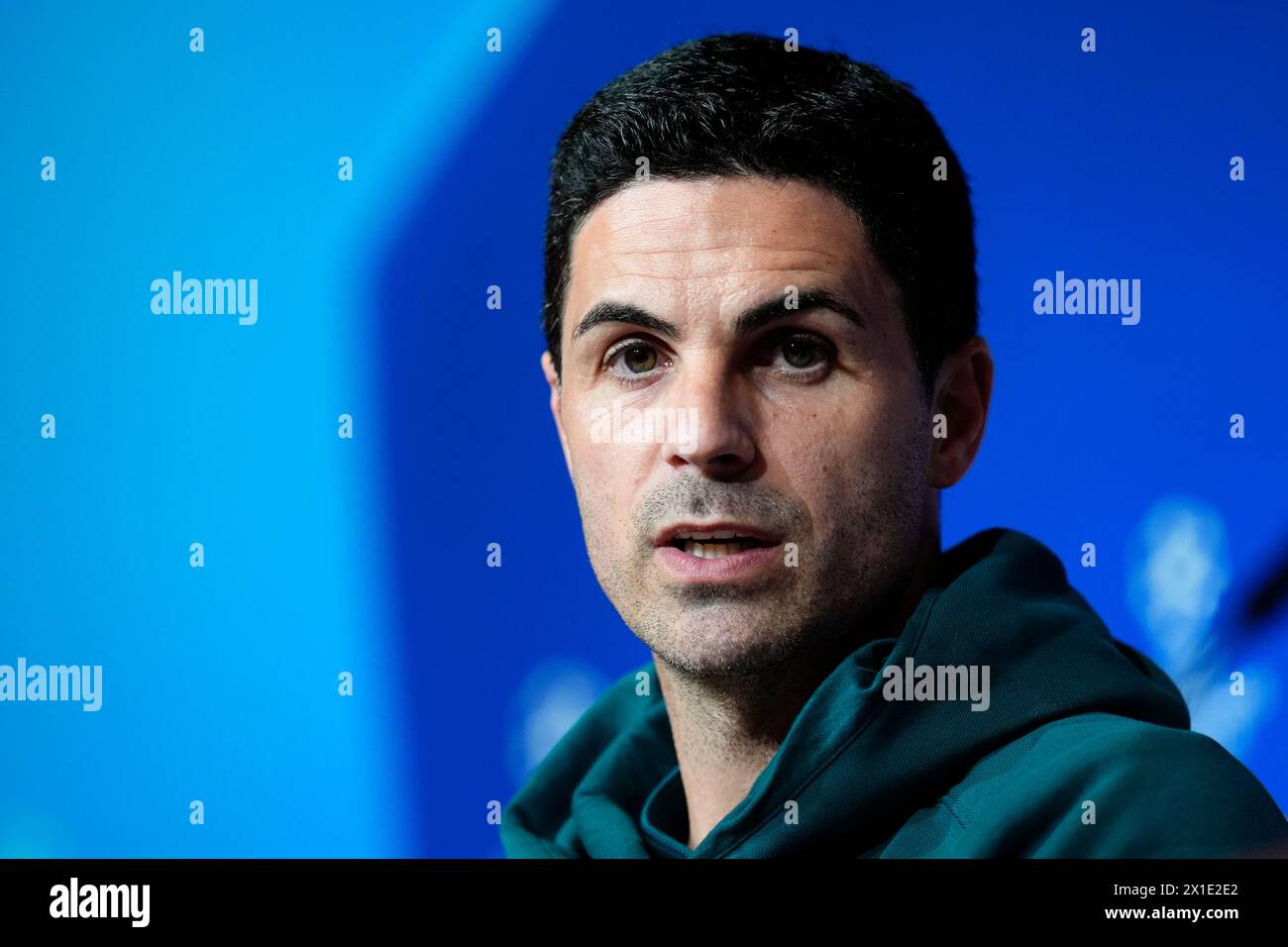 Arsenal manager Mikel Arteta during a press conference at the Allianz Arena, Munich. Picture date: Tuesday April 16, 2024. Stock Photo
