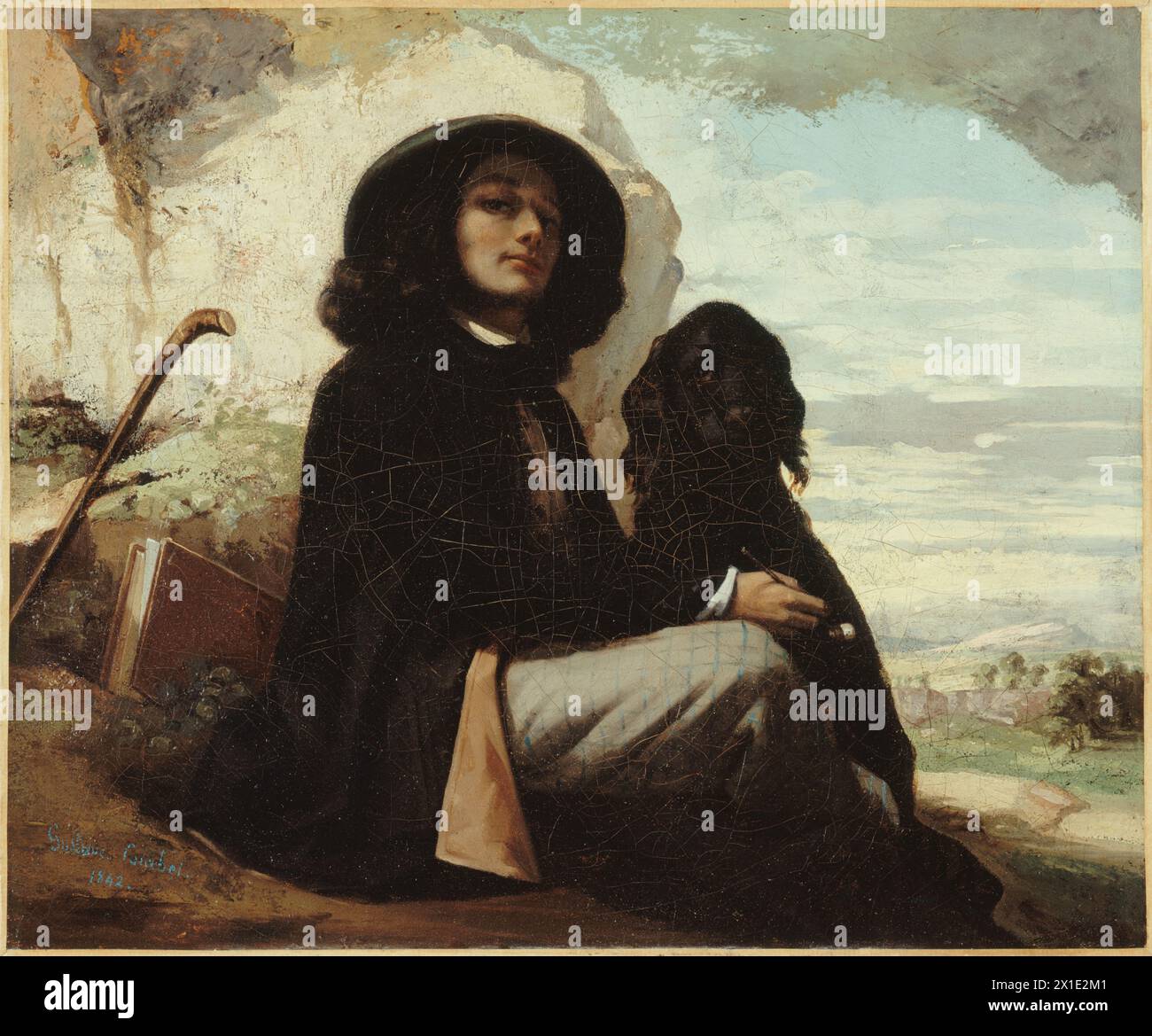 Self-Portrait with a Black Dog, Portrait of the Artist or Courbet with a Black Dog (French: Courbet au chien noir) is an 1842 oil-on-canvas painting by the French artist Gustave Courbet, retouched by the artist in 1844. Stock Photo