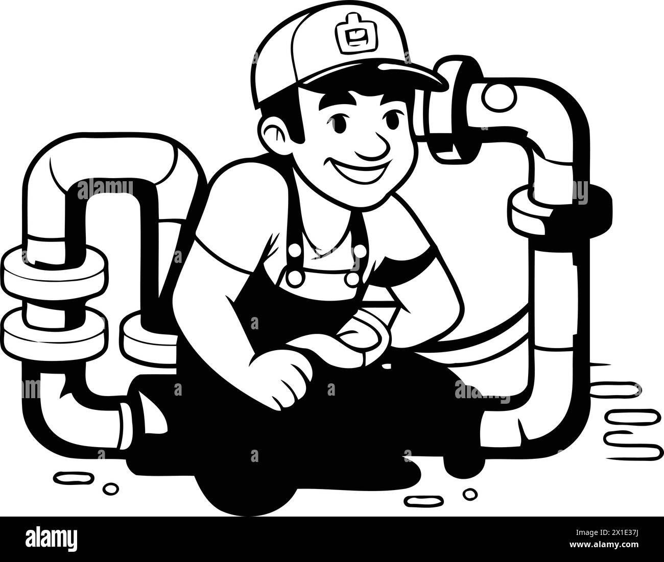 Plumber with pipe and wrench. Plumbing service. Vector illustration