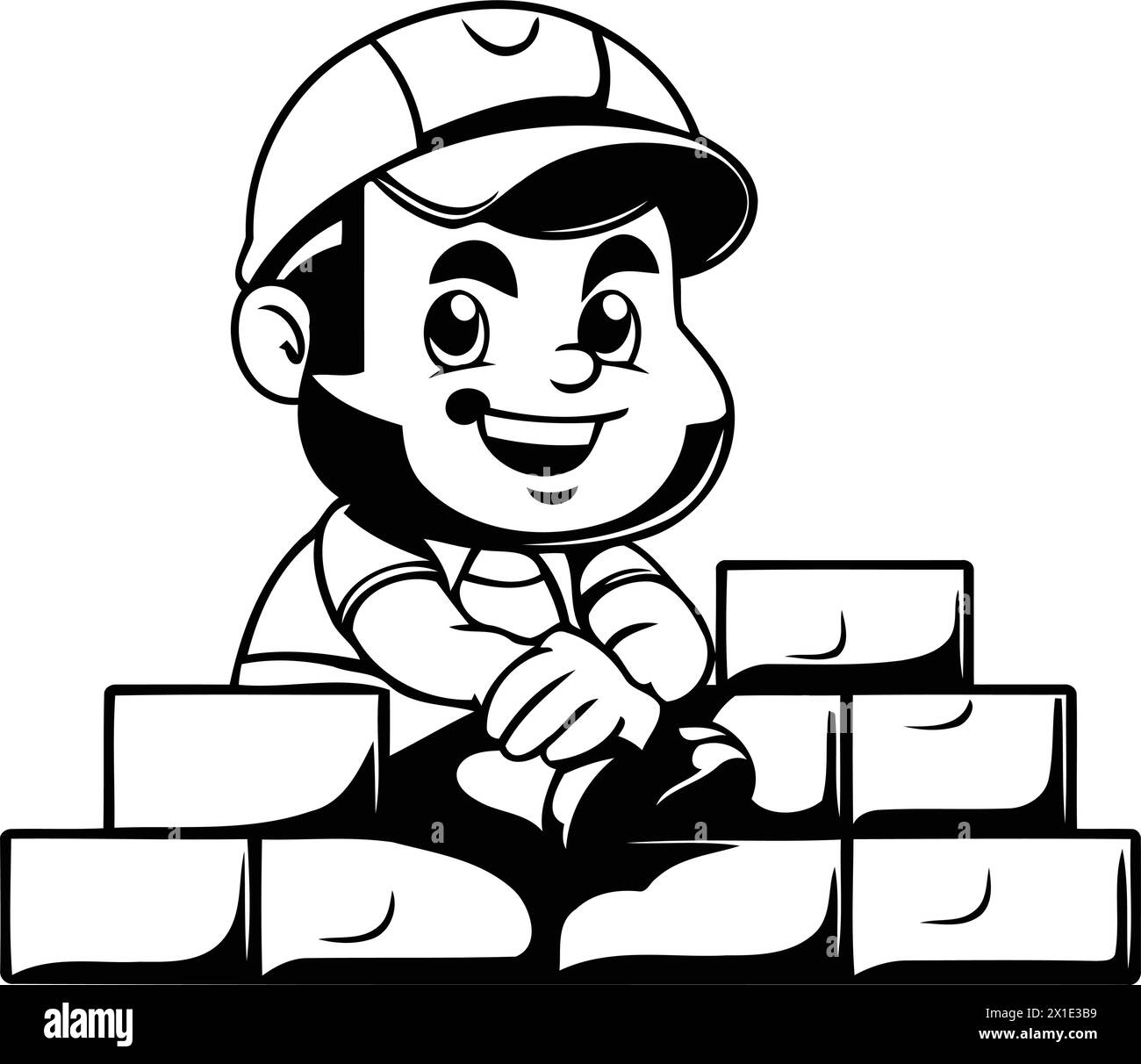 Cartoon bricklayer vector illustration. Cute cartoon bricklayer building a wall Stock Vector