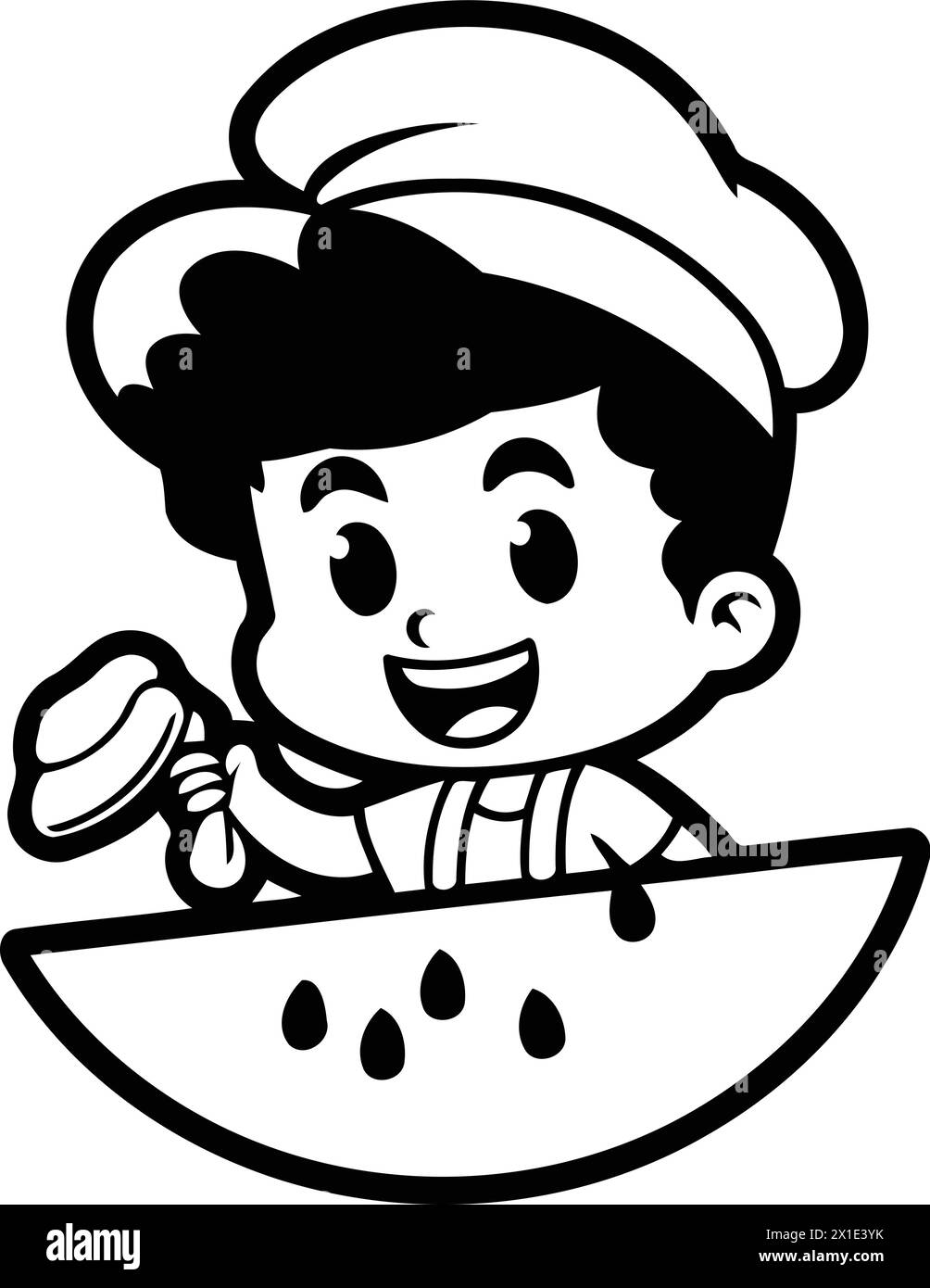 Cute little chef boy with a slice of watermelon. Vector illustration