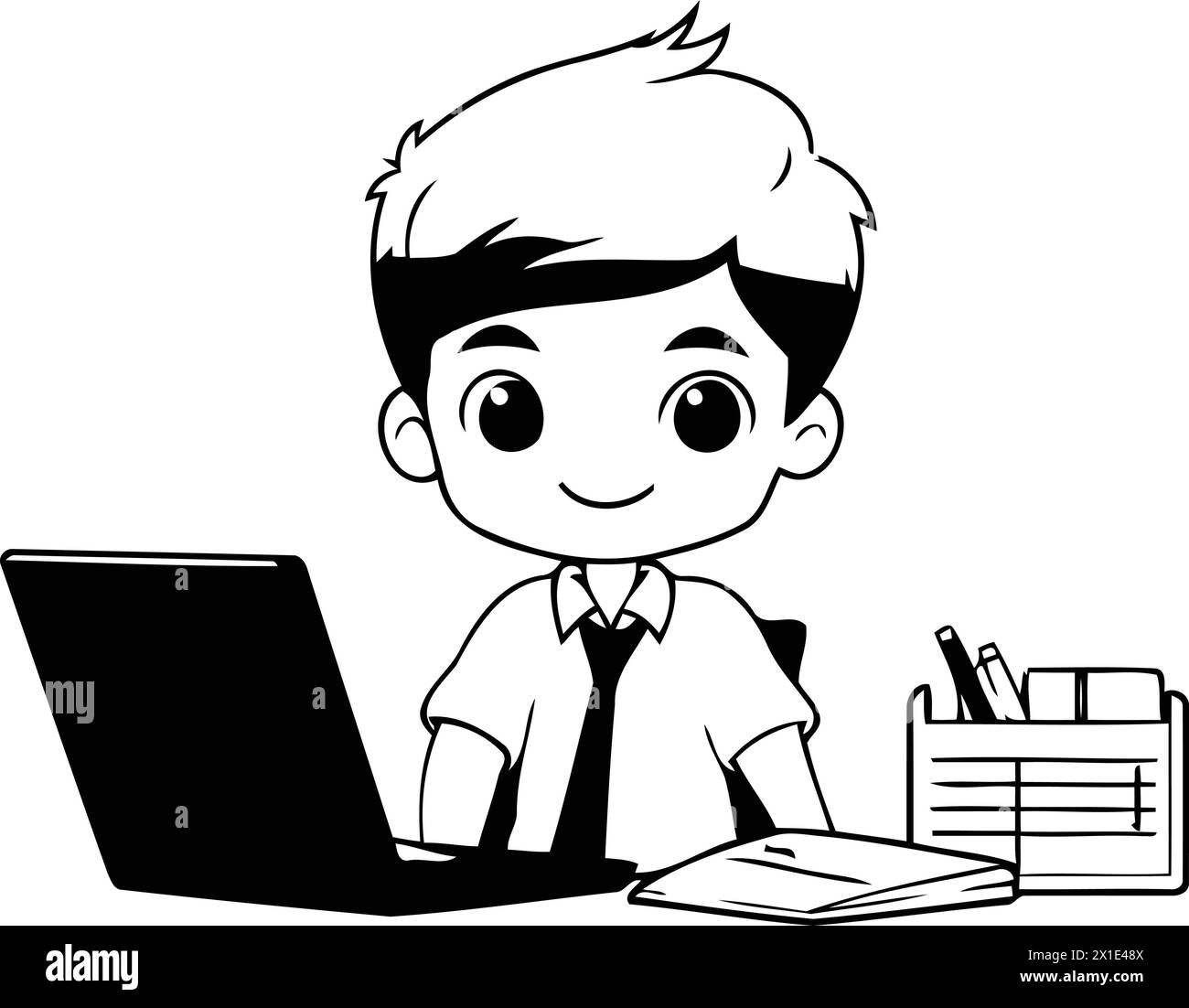 cute little student boy with laptop computer and notebook vector illustration design Stock Vector