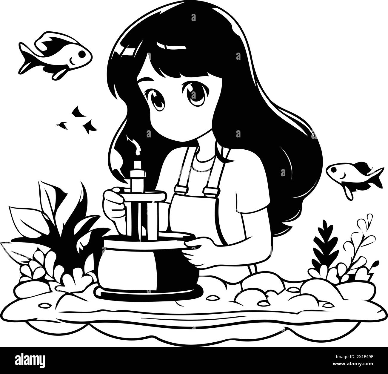 Cute little girl cartoon character in underwater world. Vector illustration. Stock Vector