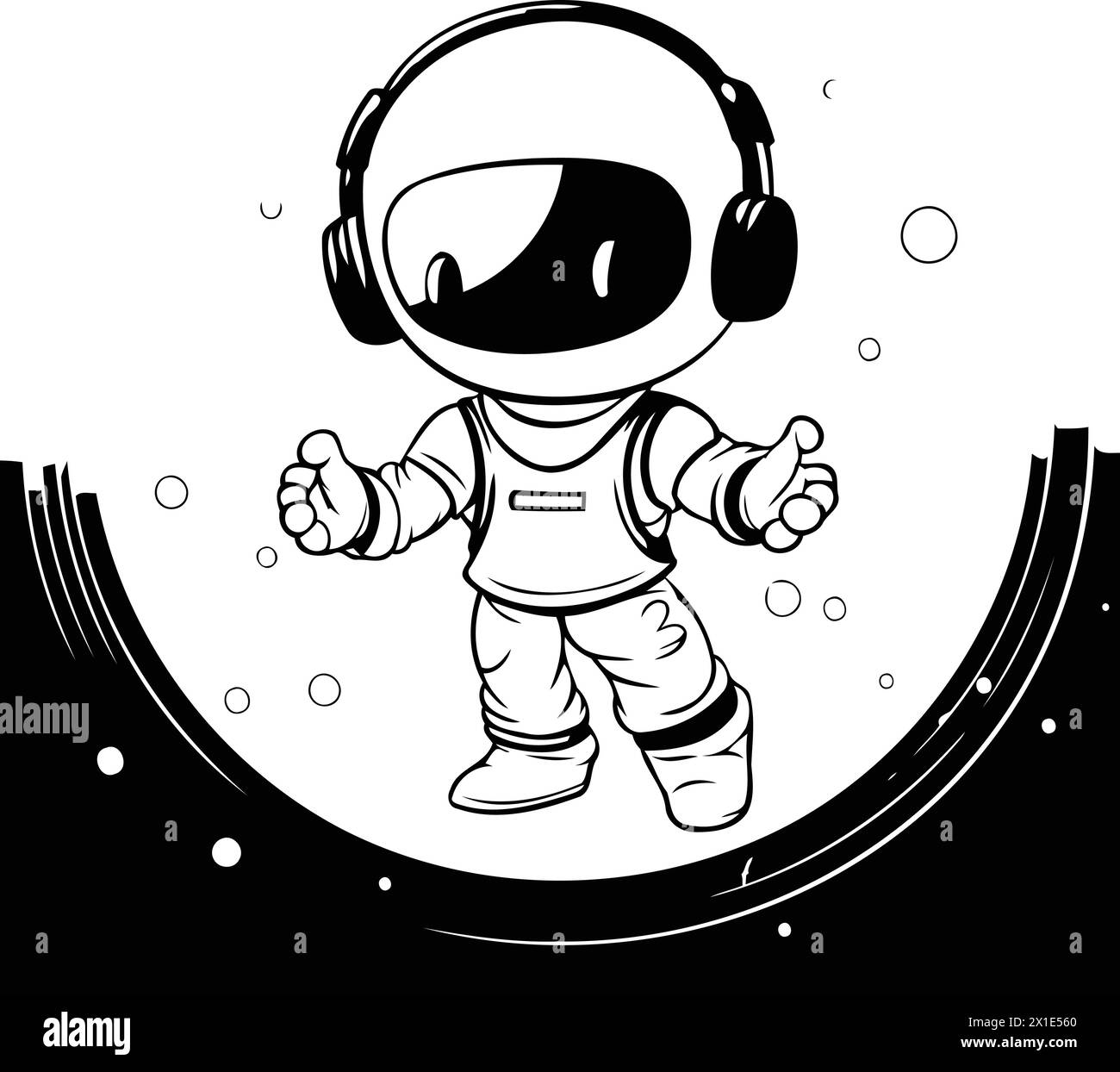 Astronaut Listening To Music In Headphones. Vector Cartoon Illustration 