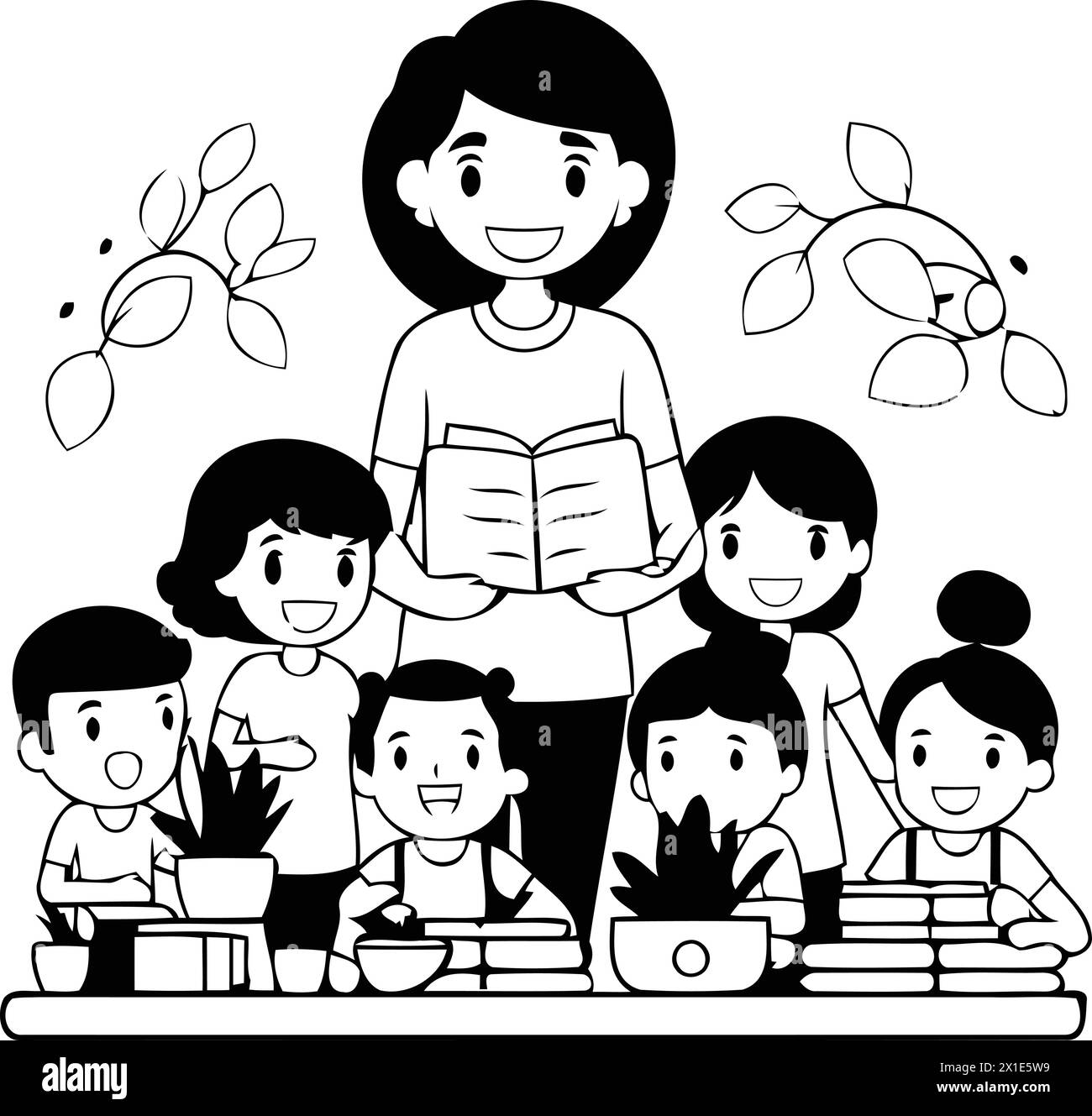 Vector illustration of a teacher reading a book to her students at school Stock Vector