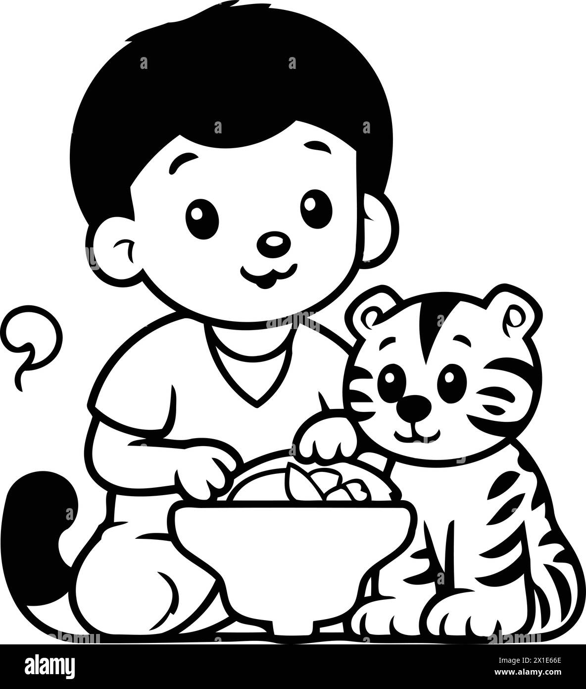 Cute little boy playing with cat and eating food. Vector illustration ...