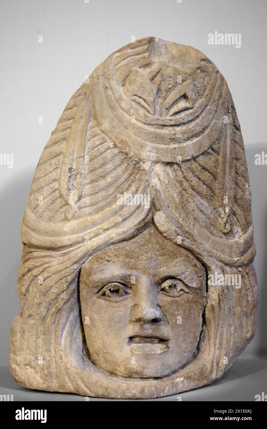 Gallo-Roman female tragedy mask made for tomb decoration, 2nd century AD; at the Lapidary Museum, in Avignon, Provence-Alpes-Cote-d'Azur, France Stock Photo