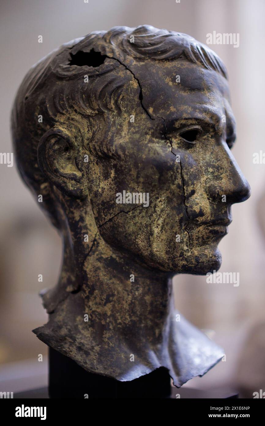Metal alloy bust of Julius Caesar (provenance unknown), Lapidary Museum, in Avignon, Provence-Alpes-Cote-d'Azur, France Stock Photo