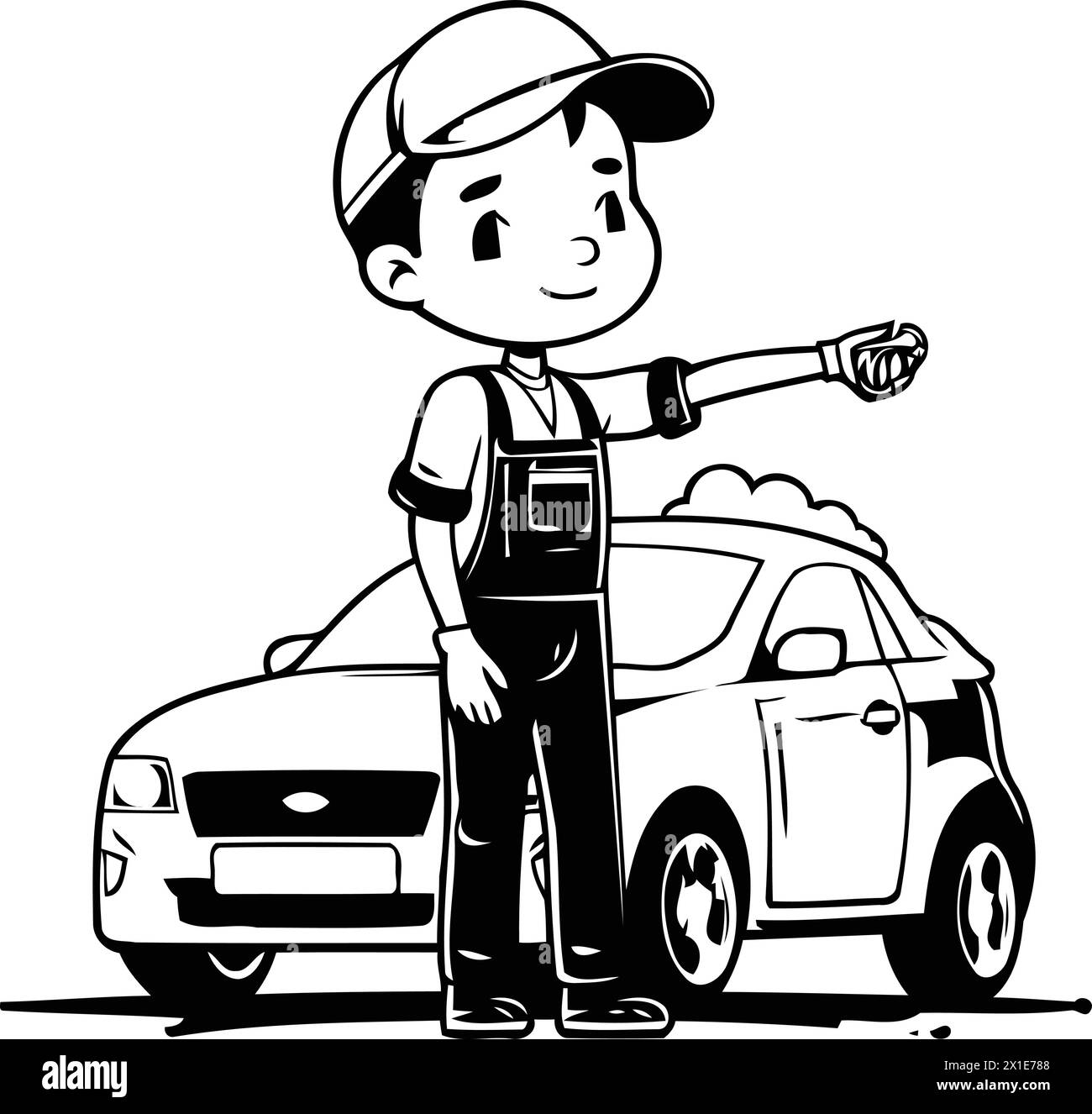 Cartoon car mechanic standing near the red car. Vector illustration ...