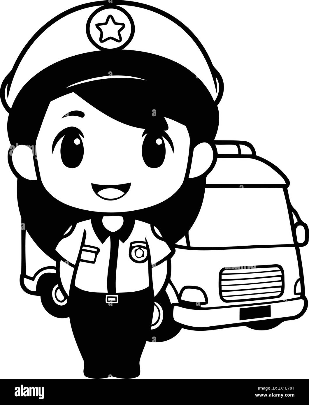 Cute cartoon police girl with police car on white background. Vector illustration. Stock Vector