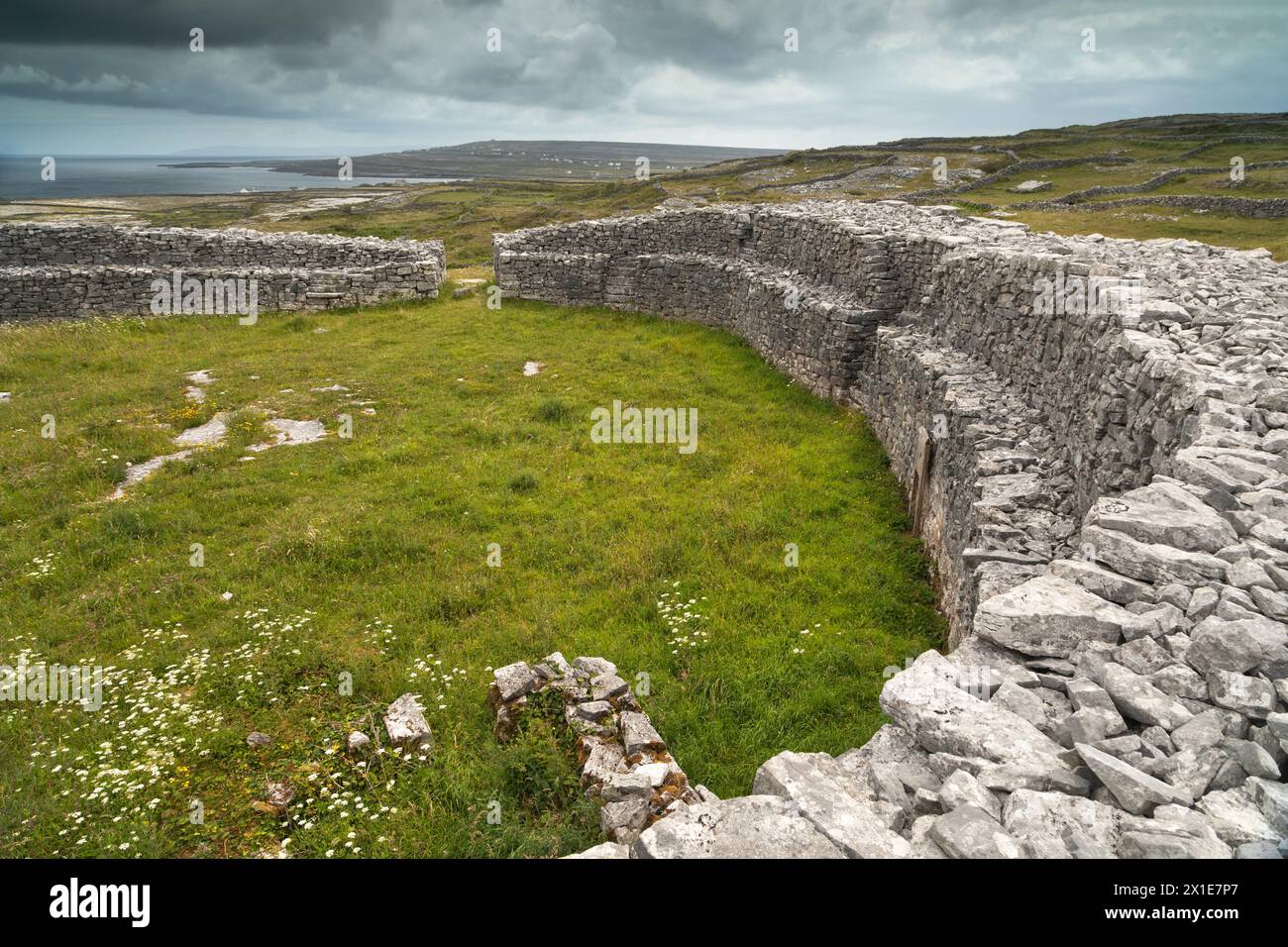 Interior wall of Dun Eoghanachta ring fort on Inishmore island in the Aran islands on the Wild Atlantic Way in Galway in Ireland Europe Stock Photo