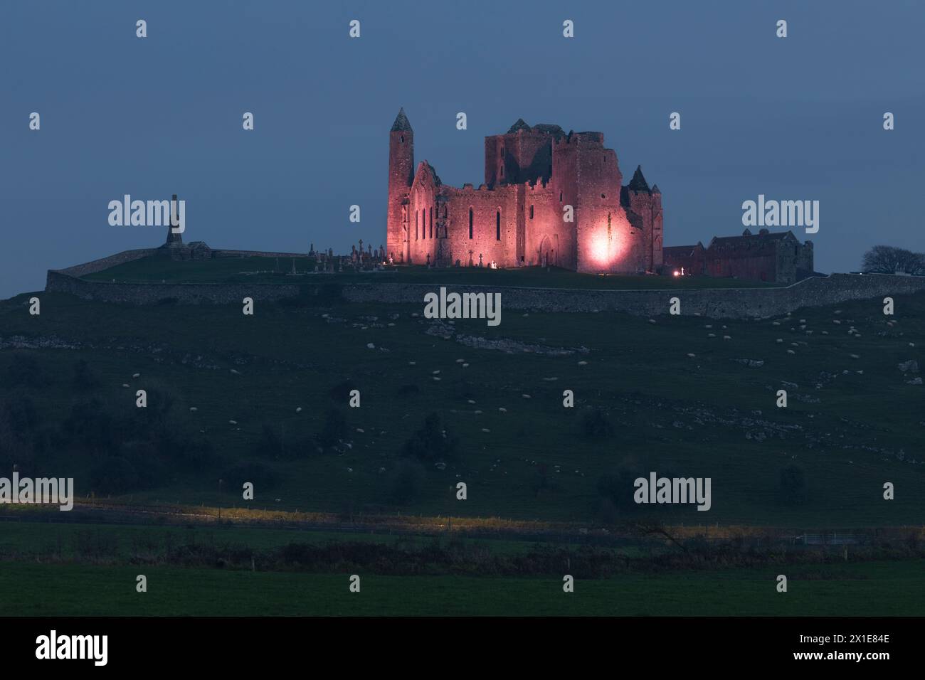 Illuminated view of Rock of Cashel in County Tipperary in Ireland Europe Stock Photo