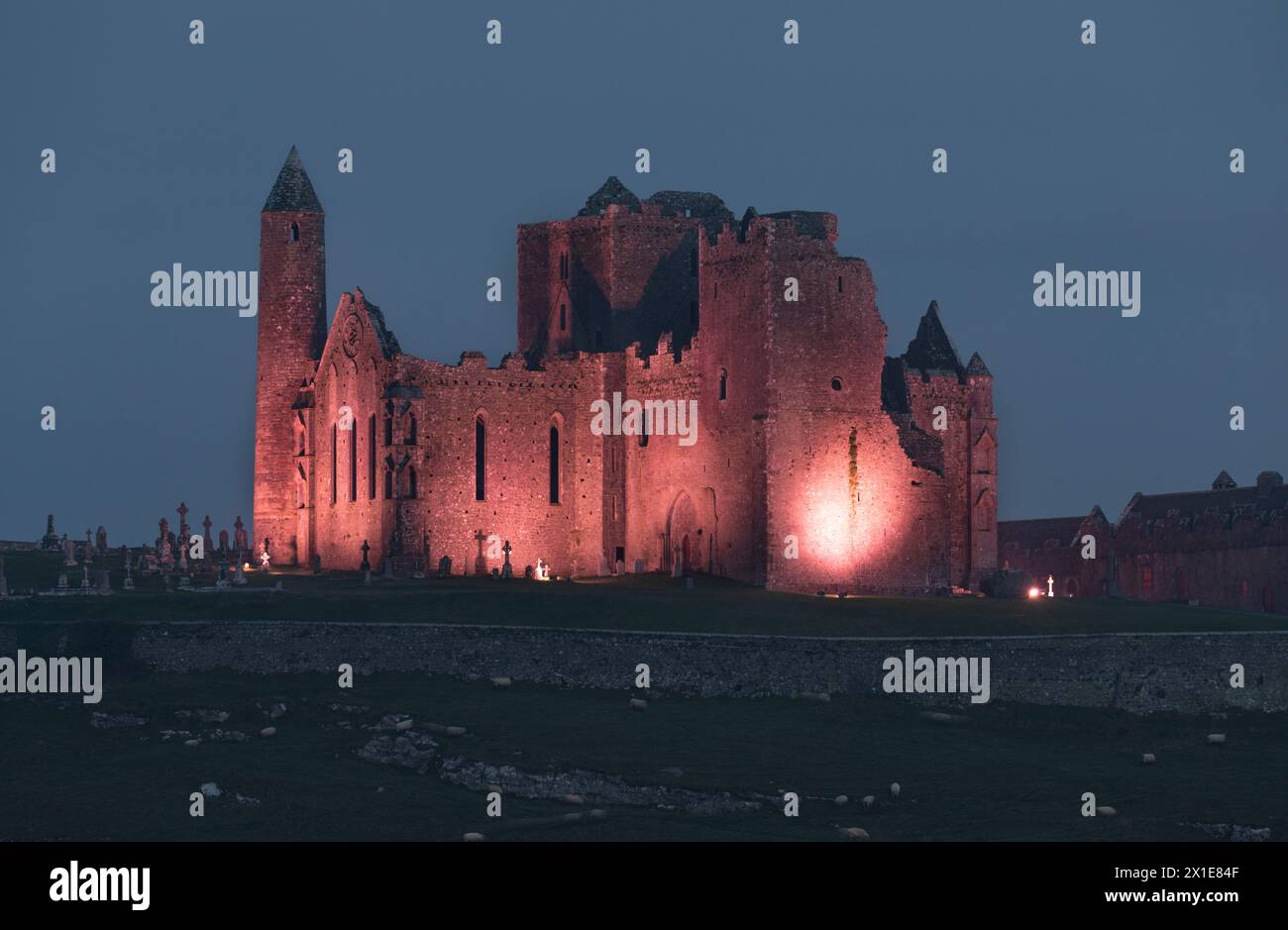 Illuminated view of Rock of Cashel in County Tipperary in Ireland Europe Stock Photo