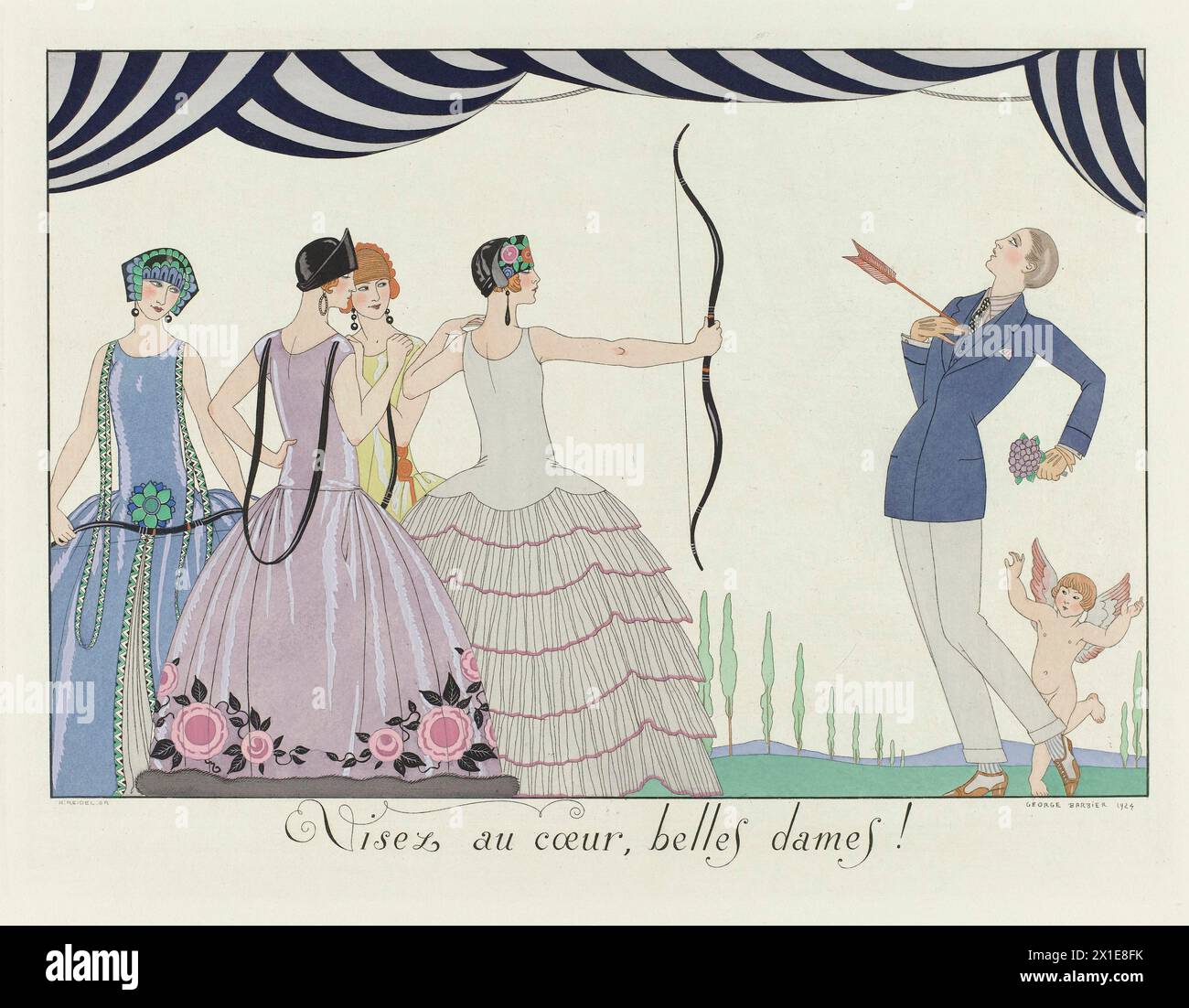 Visez au coeur, belles dames! Le Bonheur du Jour ou Les Graces à la Mode  by George Barbier in 1924 Stock Photo