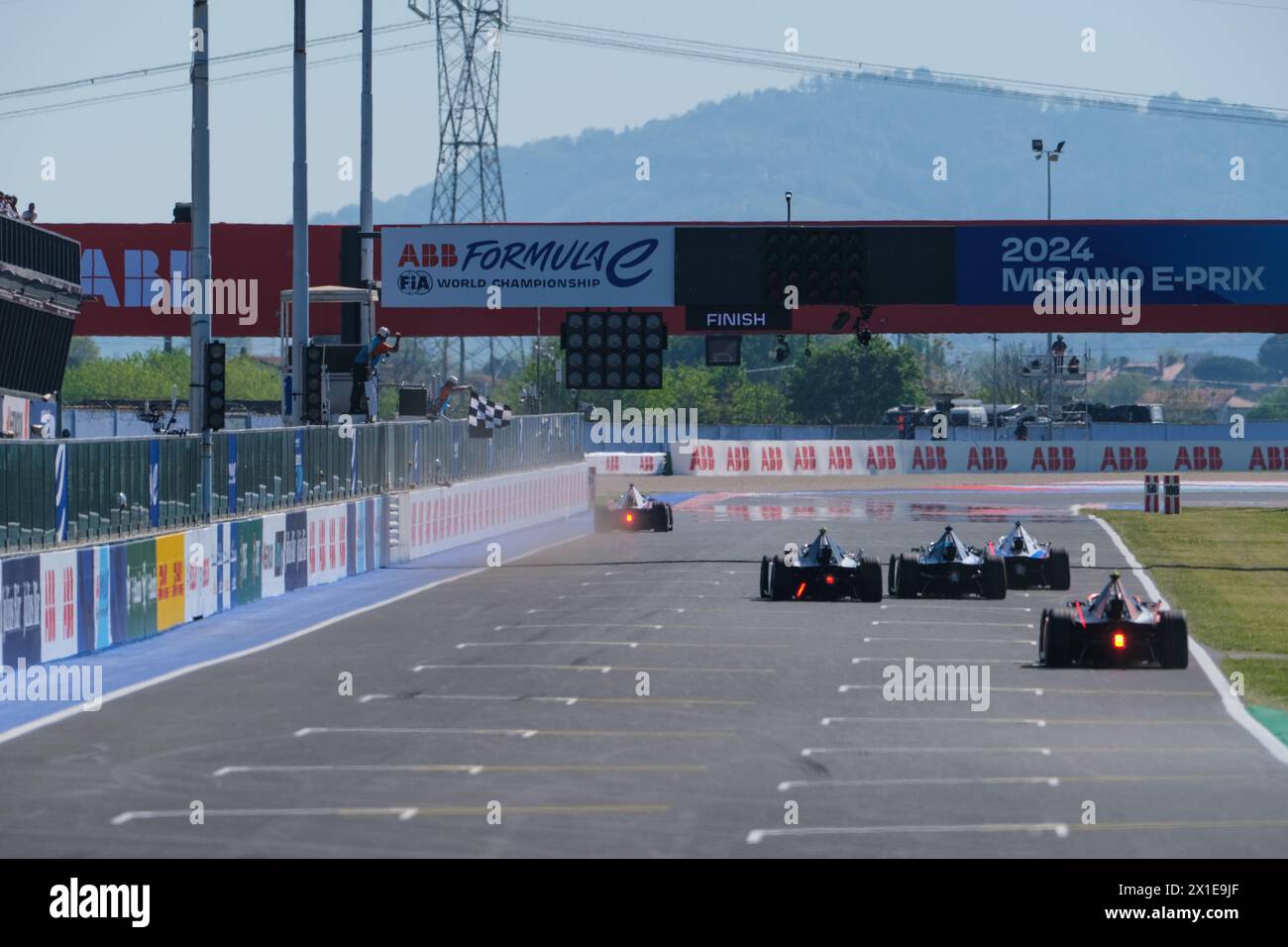 Pascal Wehrlein of TAG Heuer Porsche Formula E Team wins the race at the Round 7 of ABB Formula E World Championship 2024 Misano E-Prix. Pascal Wehrlein of Tag Heuer Porsche Formula E Team takes first place, and in second place, Dennis of Andretti Formula E. Third place for Nick Cassidy of Jaguar TCS Racing. Stock Photo