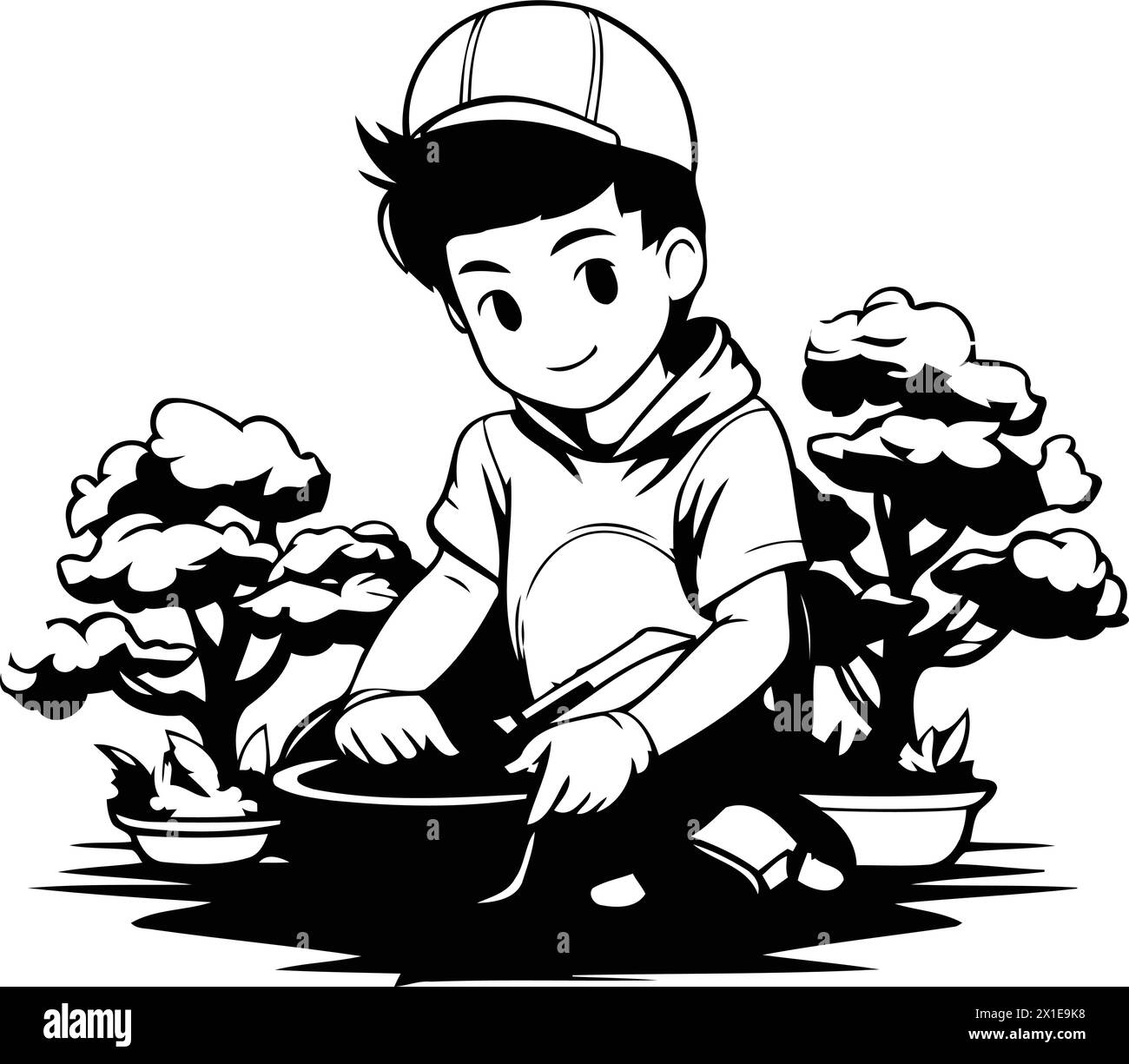 cute-little-boy-planting-a-tree-in-the-garden-vector-illustration