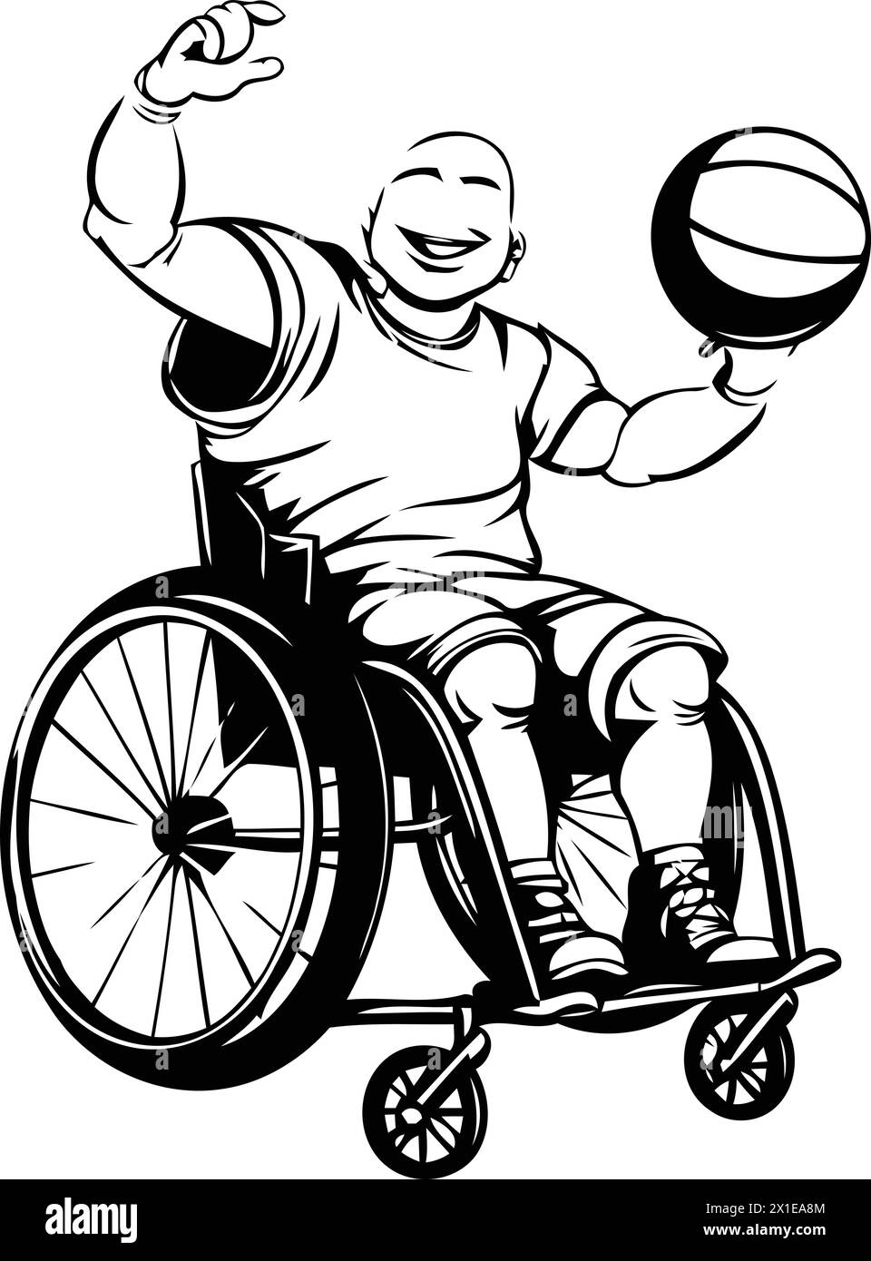 Disabled man in wheelchair playing basketball. Handicapped character with ball. Vector illustration. Stock Vector