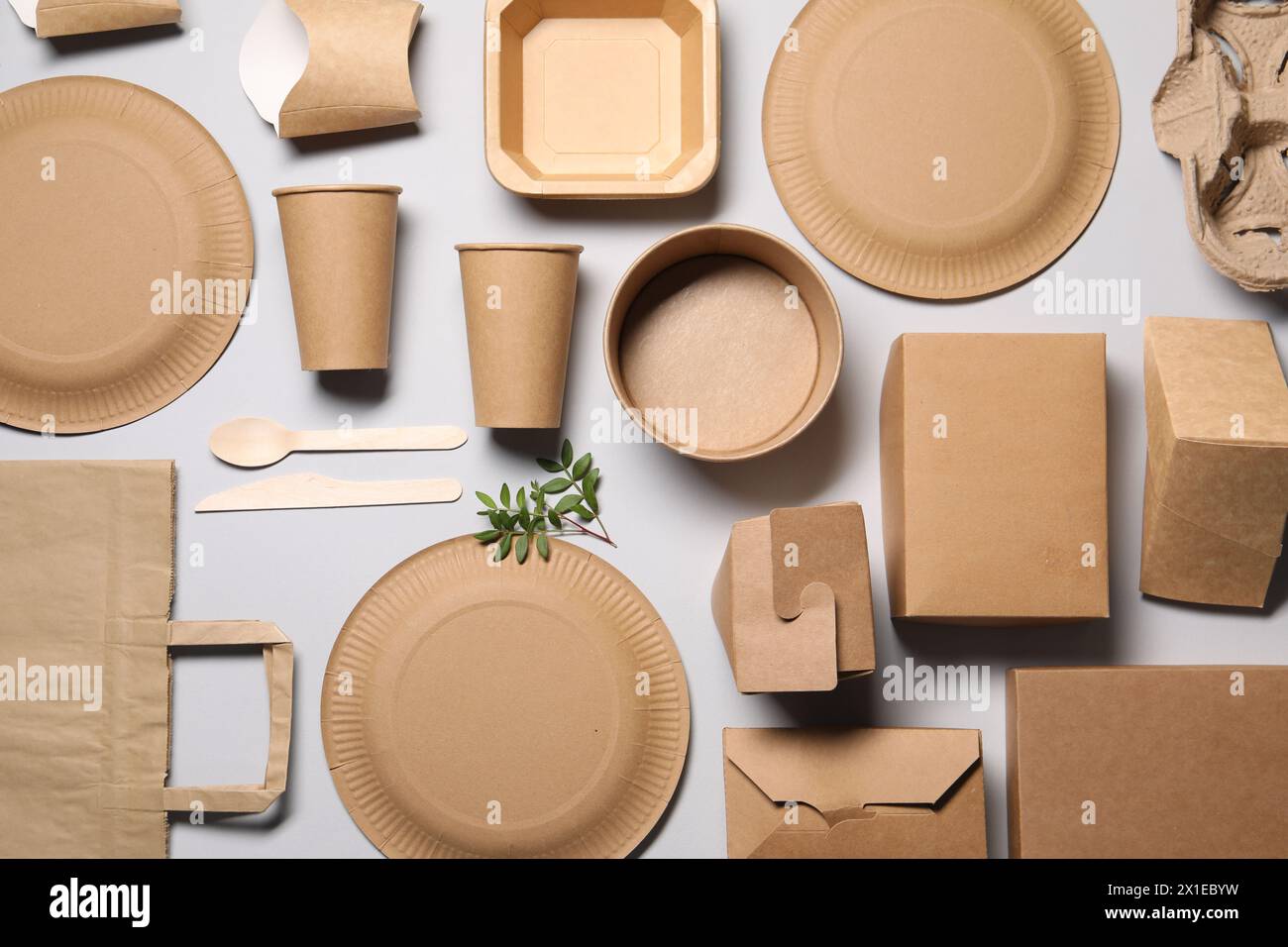 Flat lay composition with eco friendly food packagings and twig on light grey background Stock Photo